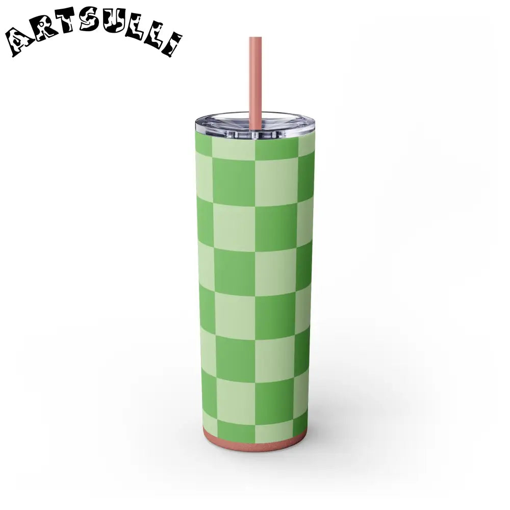 JAKKOUTTHEBXX Checkerboard Green Skinny Tumbler with Straw 20oz
