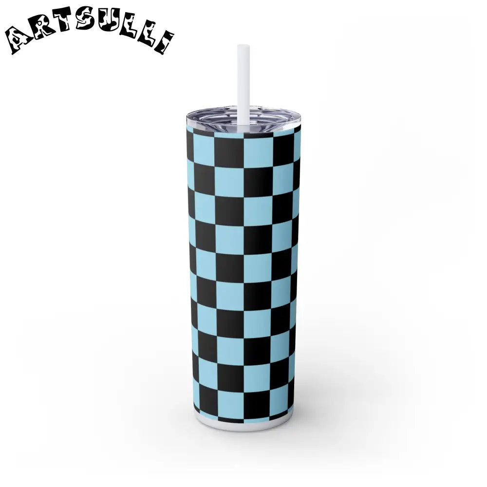 JAKKOUTTHEBXX Checkerboard Black and Blue Skinny Tumbler with Straw