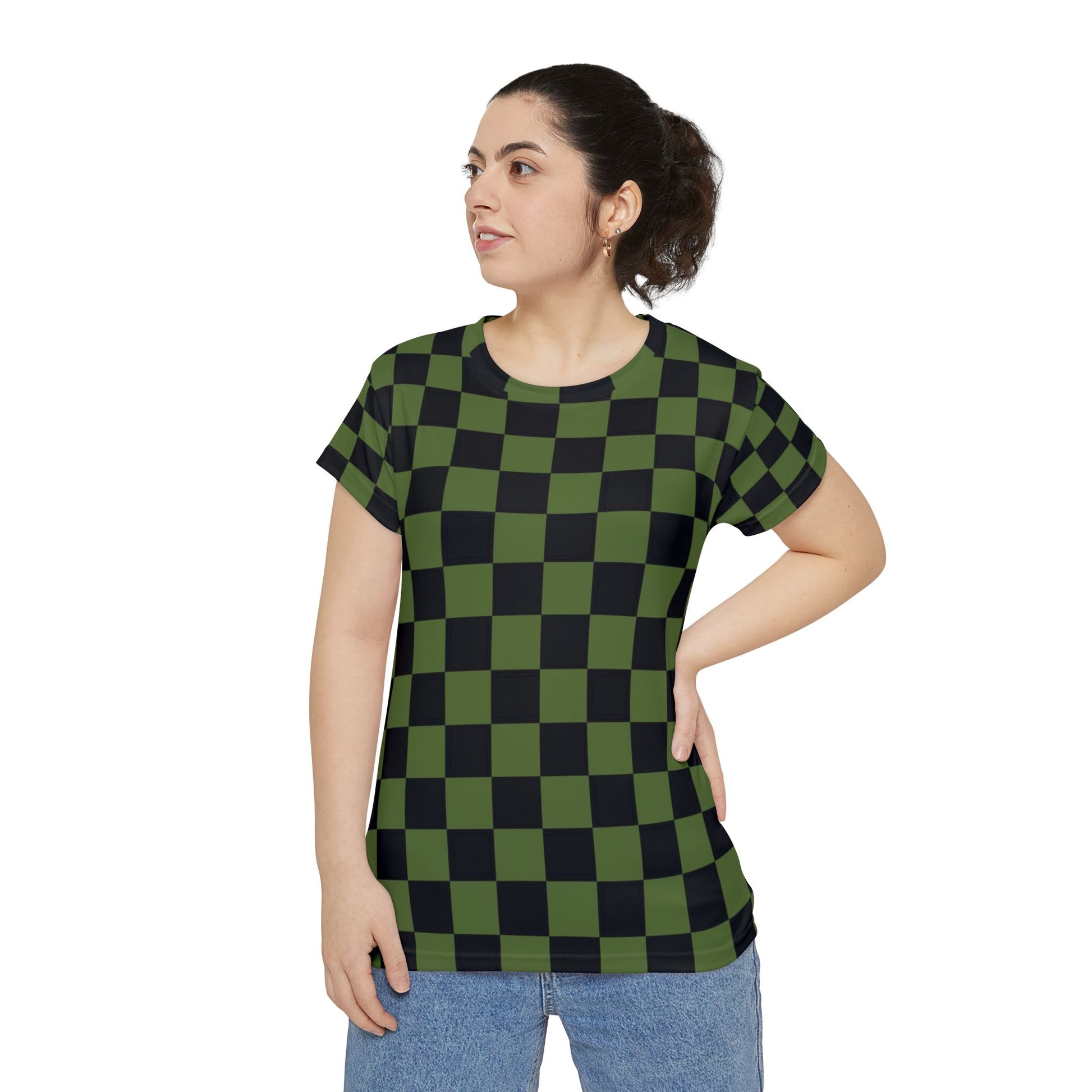 Checkerboard Olive Green and Black Women's Short Sleeve Shirt (AOP), Artsulli - Art is Long, Life is Short, All Over Prints, , , , , , , 