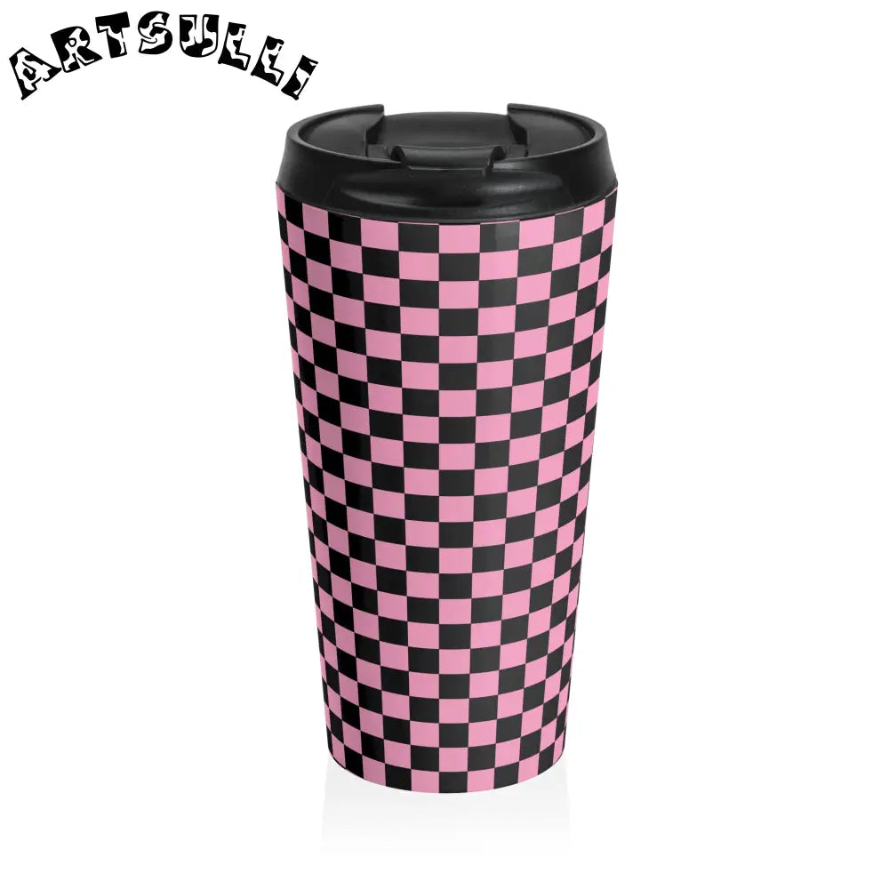 JAKKOUTTHEBXX Checkerboard Black and Pink Stainless Steel Travel Mug