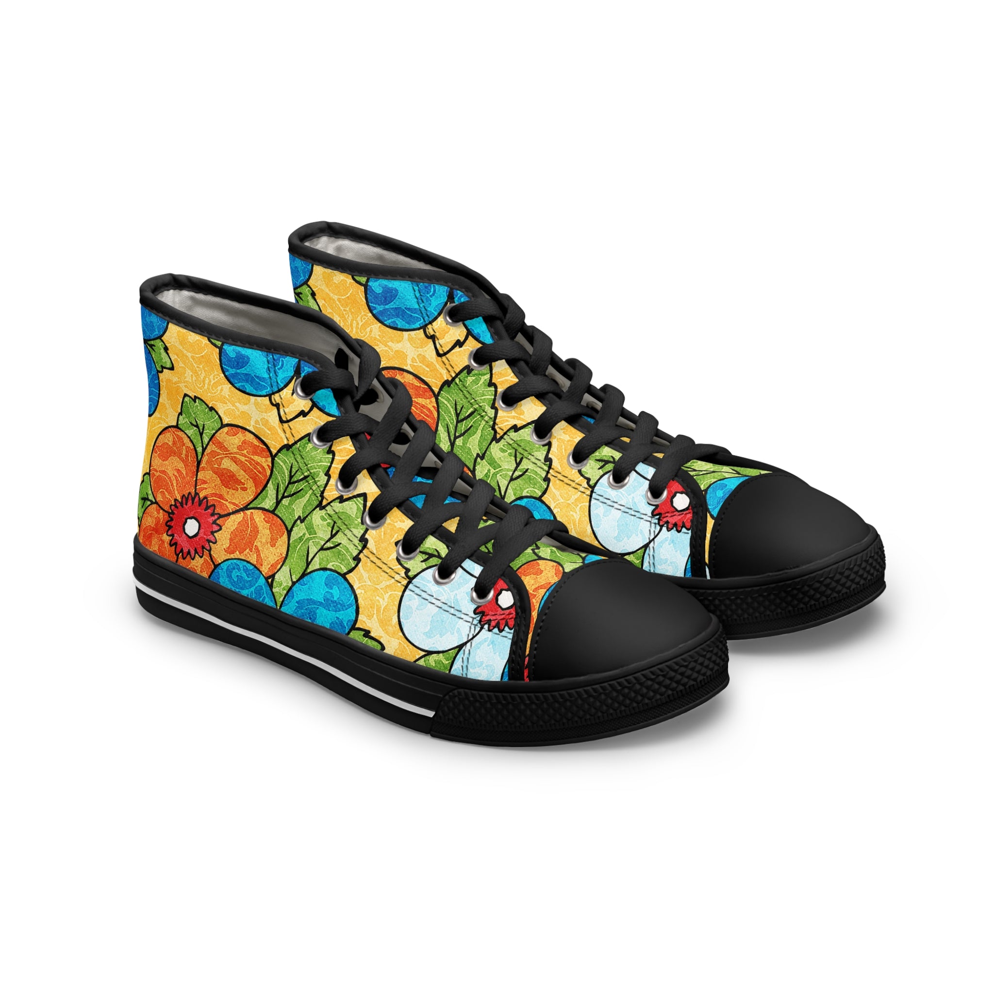 Groovy Yellow Floral Kl  Women's High Top Sneakers, Artsulli - Art is Long, Life is Short, Shoes, Size, US 5.5, Color, Black sole, , , 17393436071624800648