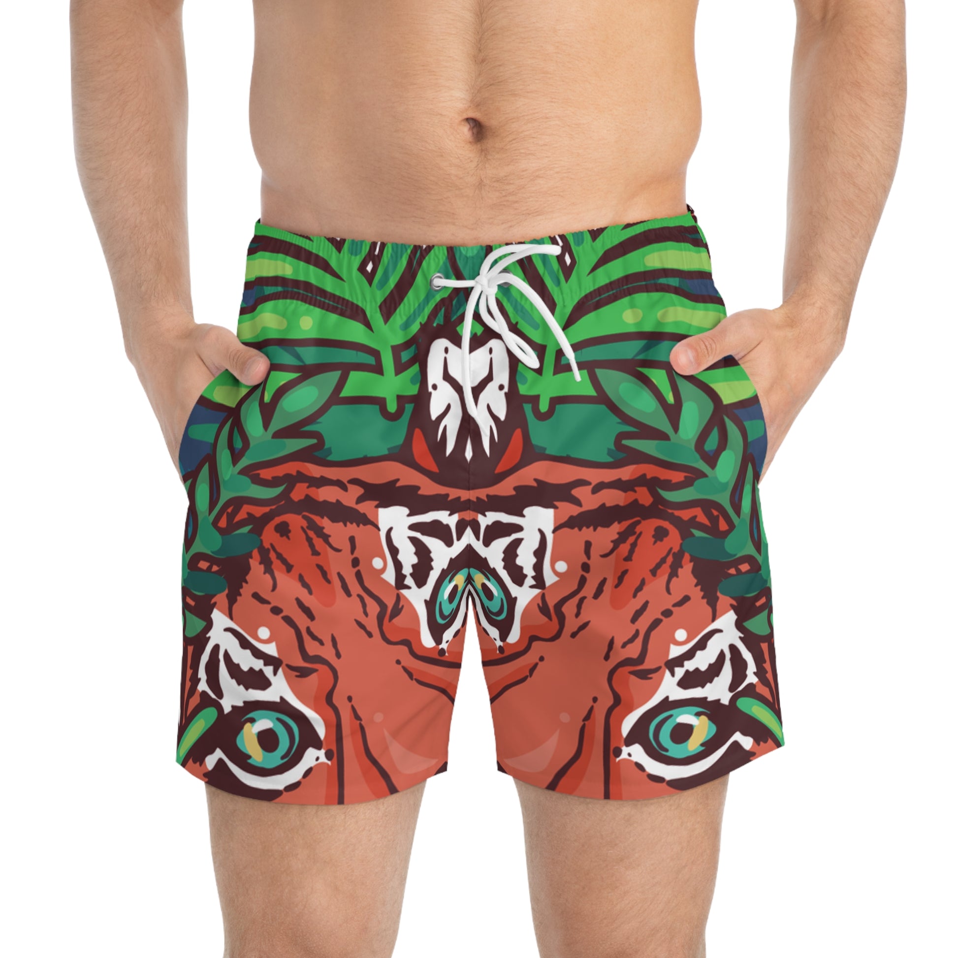 Tropical Jungle Tigers Green and Brown Swim Trunks (AOP), Artsulli - Art is Long, Life is Short, All Over Prints, , , , , , , 