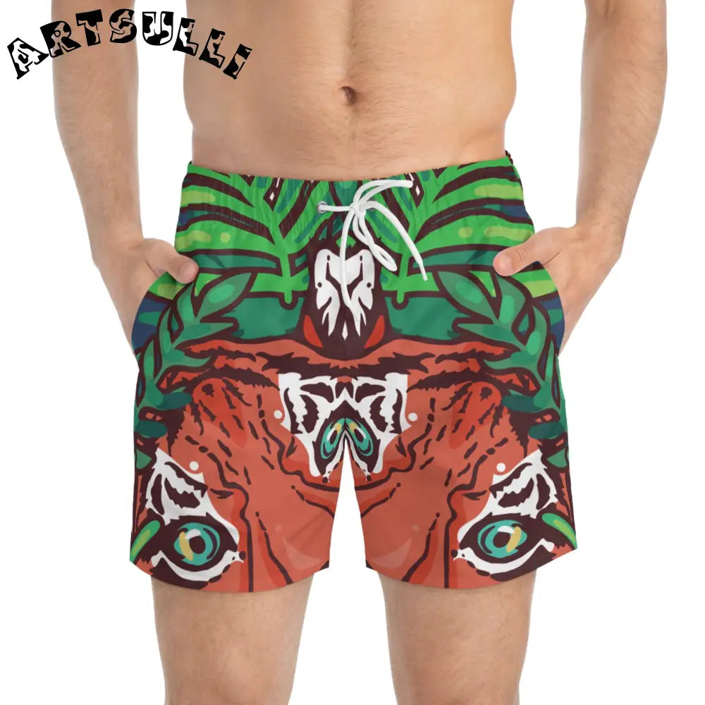 JAKKOUTTHEBXX Tropical Jungle Tigers Green and Brown Swim Trunks