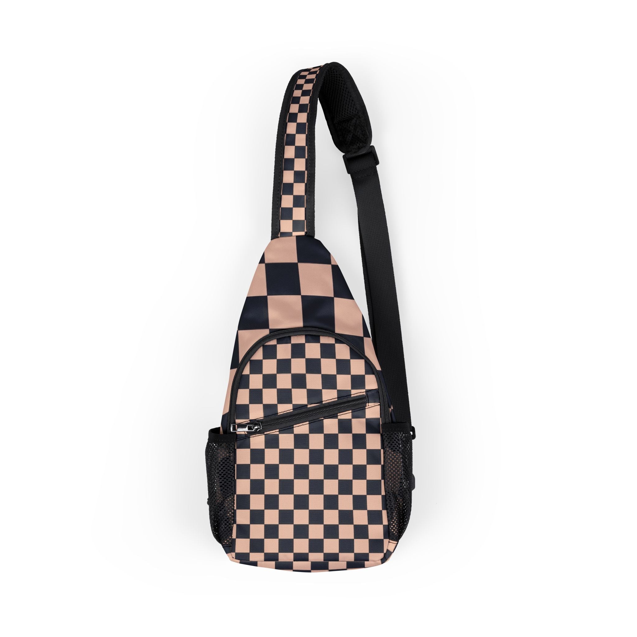 Checkerboard Black and Light Brown Chest Bag (AOP), Artsulli - Art is Long, Life is Short, Bags, Size, One size, , , , , 20458670183637375492