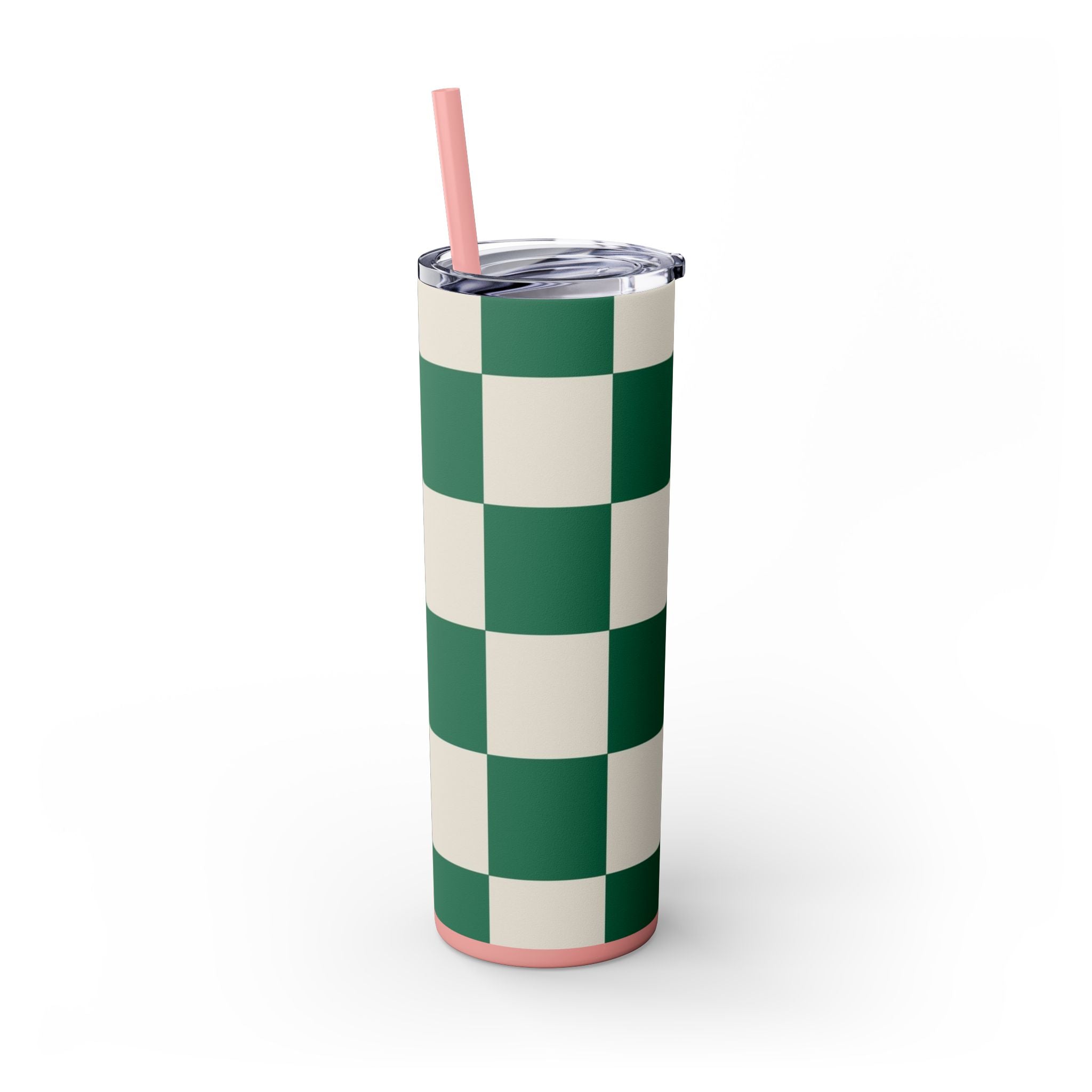 Checkerboard Dark Green Skinny Tumbler with Straw, 20oz, Artsulli - Art is Long, Life is Short, Mug, , , , , , , 