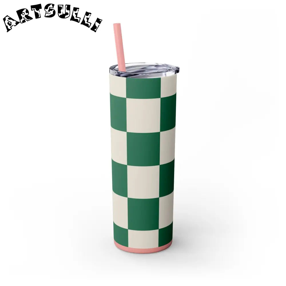 JAKKOUTTHEBXX Checkerboard Dark Green Skinny Tumbler with Straw 20oz