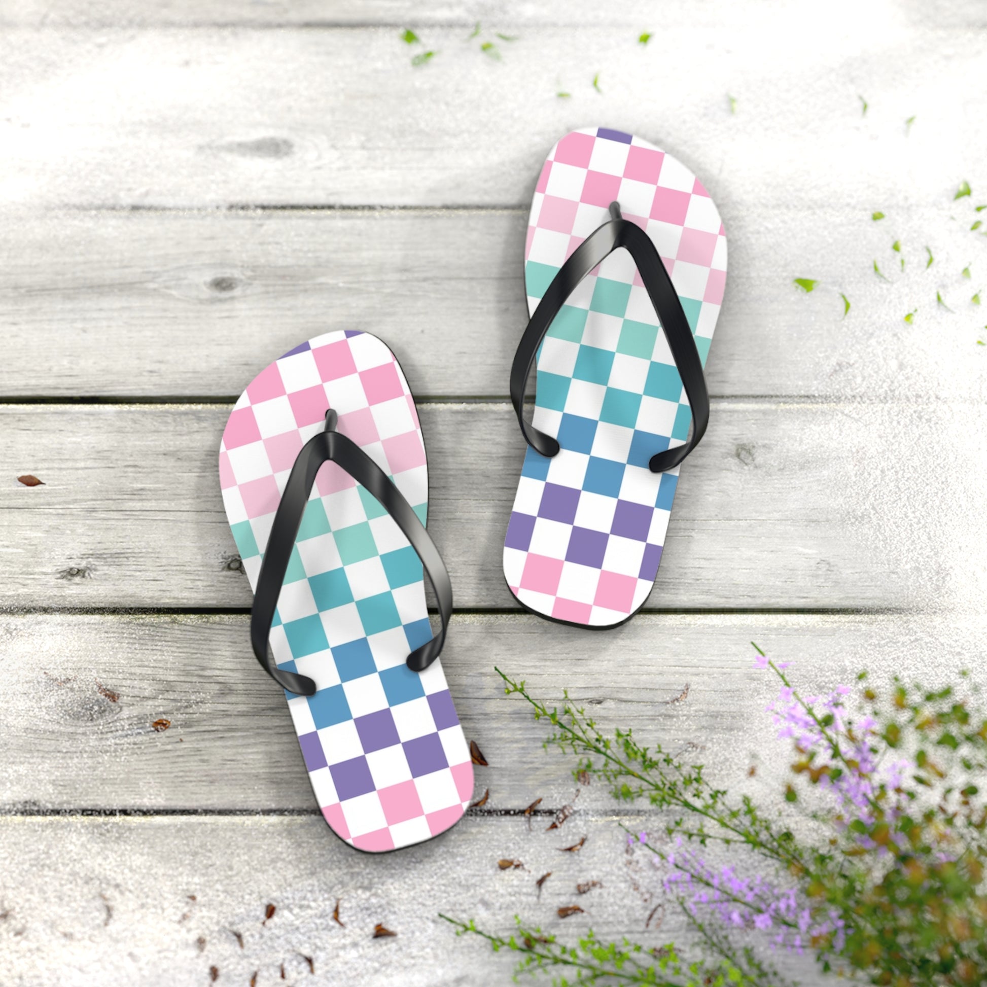 Vaporwave Rainbow  Checkerboard Multi-Color Flip Flops, Artsulli - Art is Long, Life is Short, Shoes, , , , , , , 