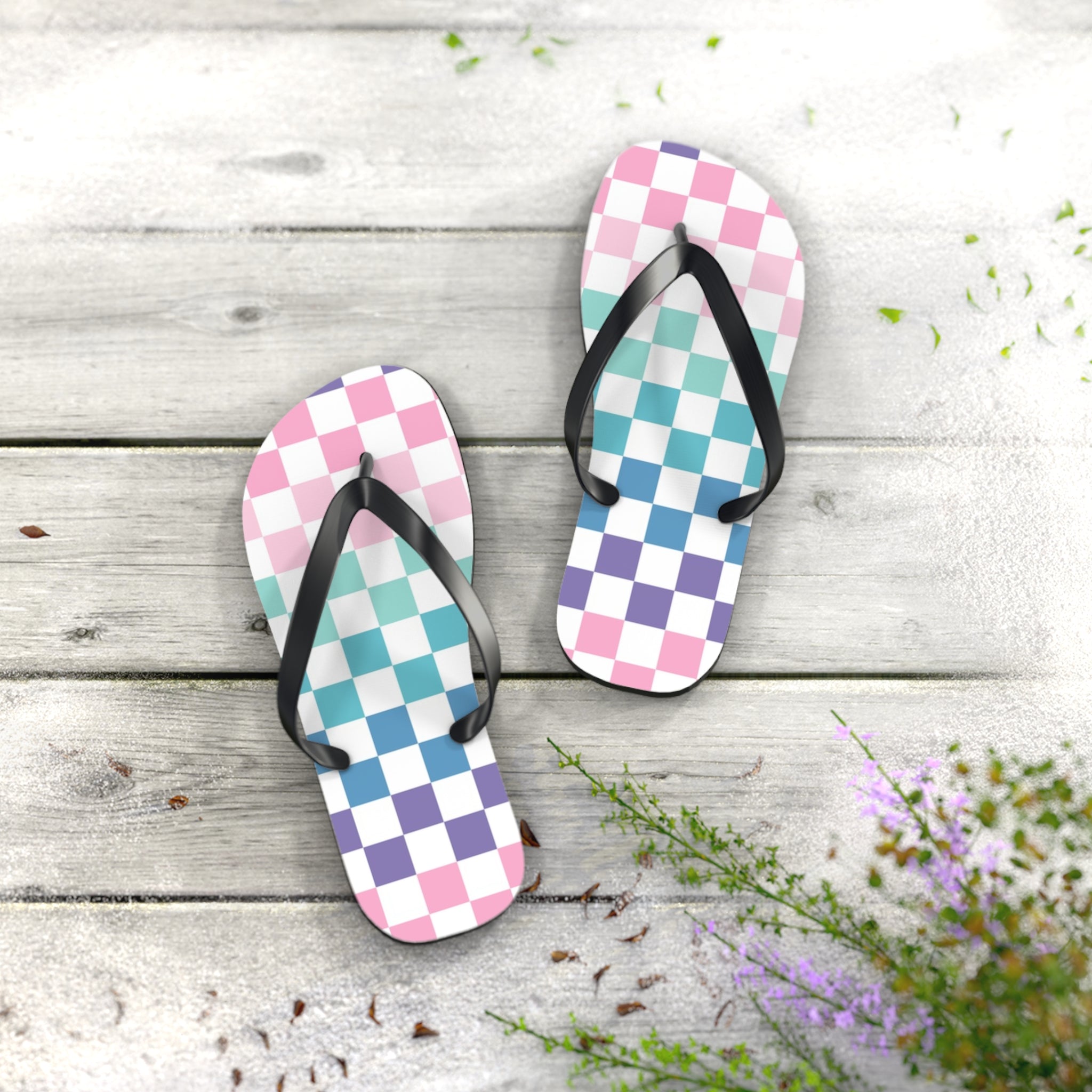 Vaporwave Rainbow  Checkerboard Multi-Color Flip Flops, Artsulli - Art is Long, Life is Short, Shoes, , , , , , , 
