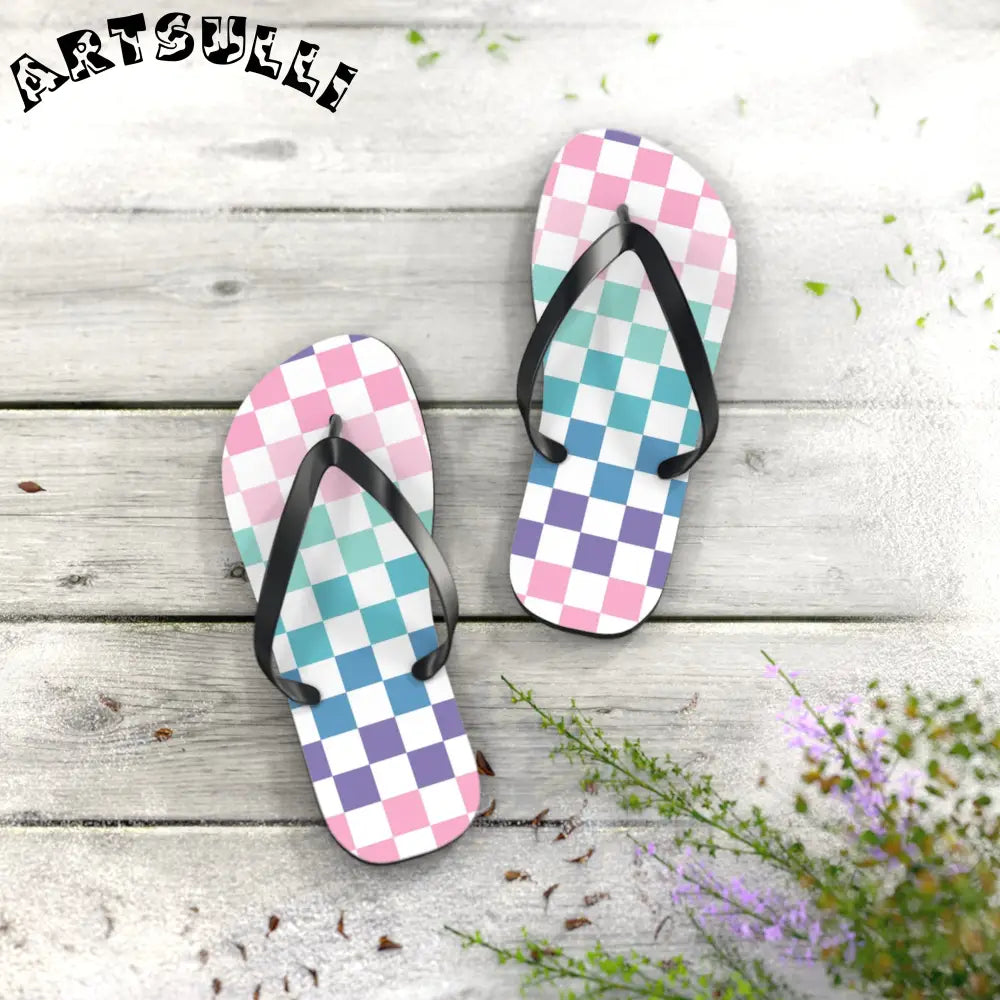 JAKKOUTTHEBXX Vaporwave Rainbow Checkerboard Multi-Color Flip Flops