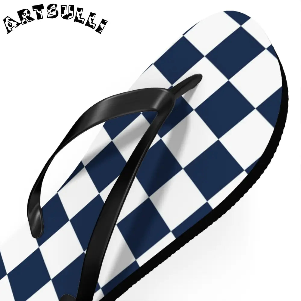 JAKKOUTTHEBXX Checkerboard White and Navy Blue Flip Flops