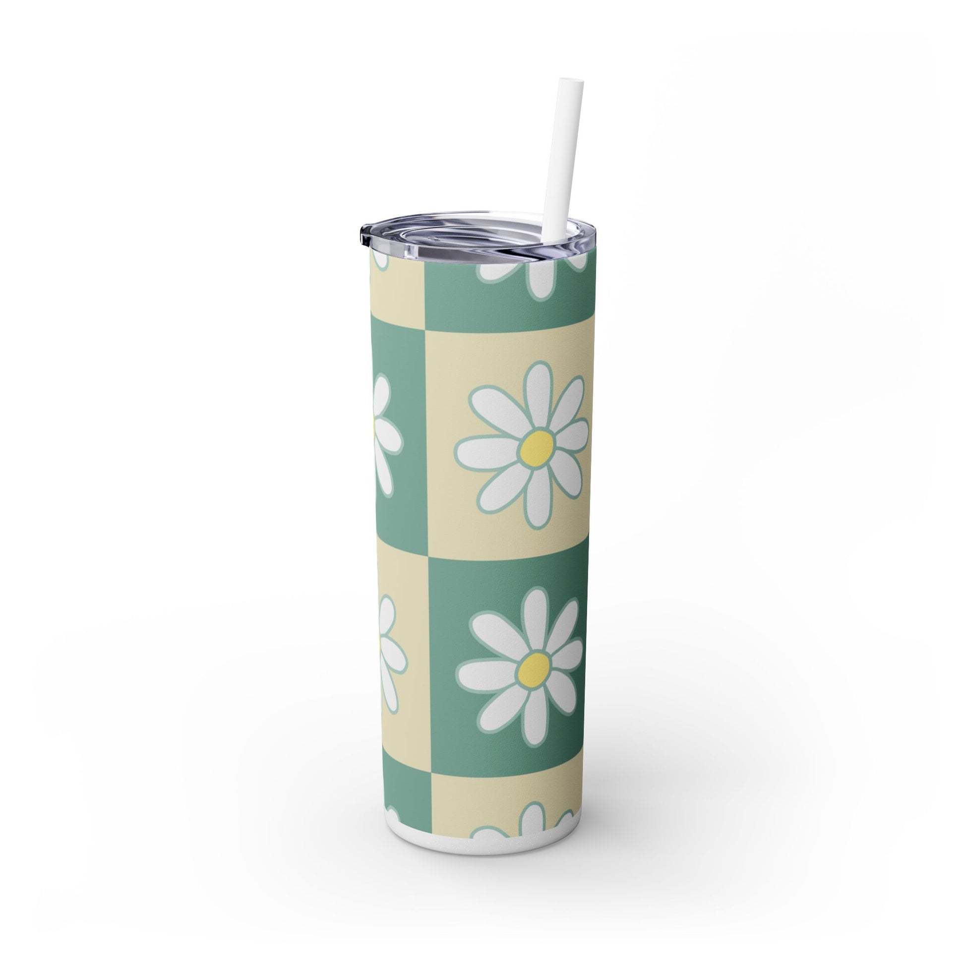 Retro Daisy Checkerboard Green and Tan Skinny Tumbler with Straw, 20oz, Artsulli - Art is Long, Life is Short, Mug, , , , , , , 