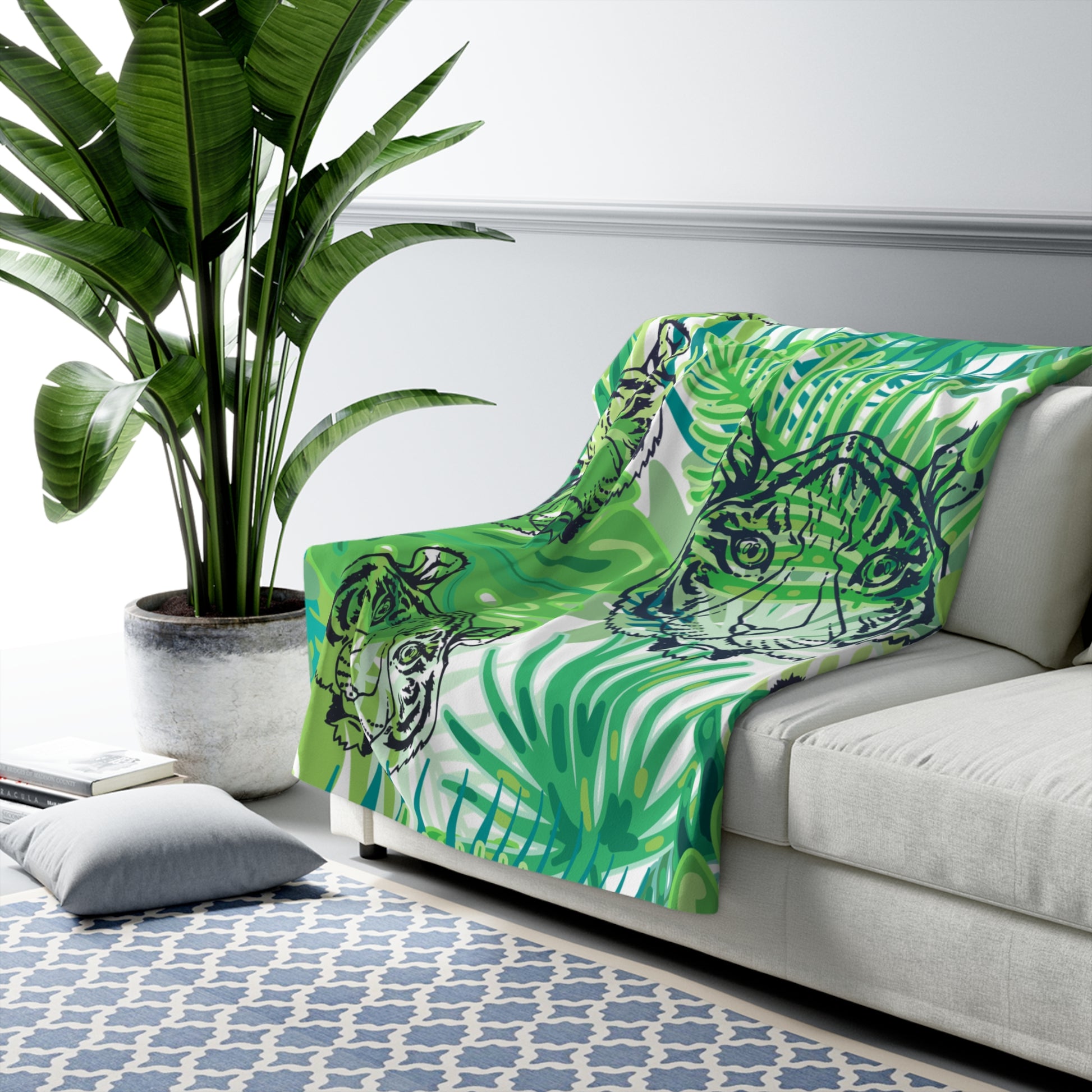 Tropical Jungle Tigers Green Sherpa Fleece Blanket, Artsulli - Art is Long, Life is Short, Home Decor, , , , , , , 