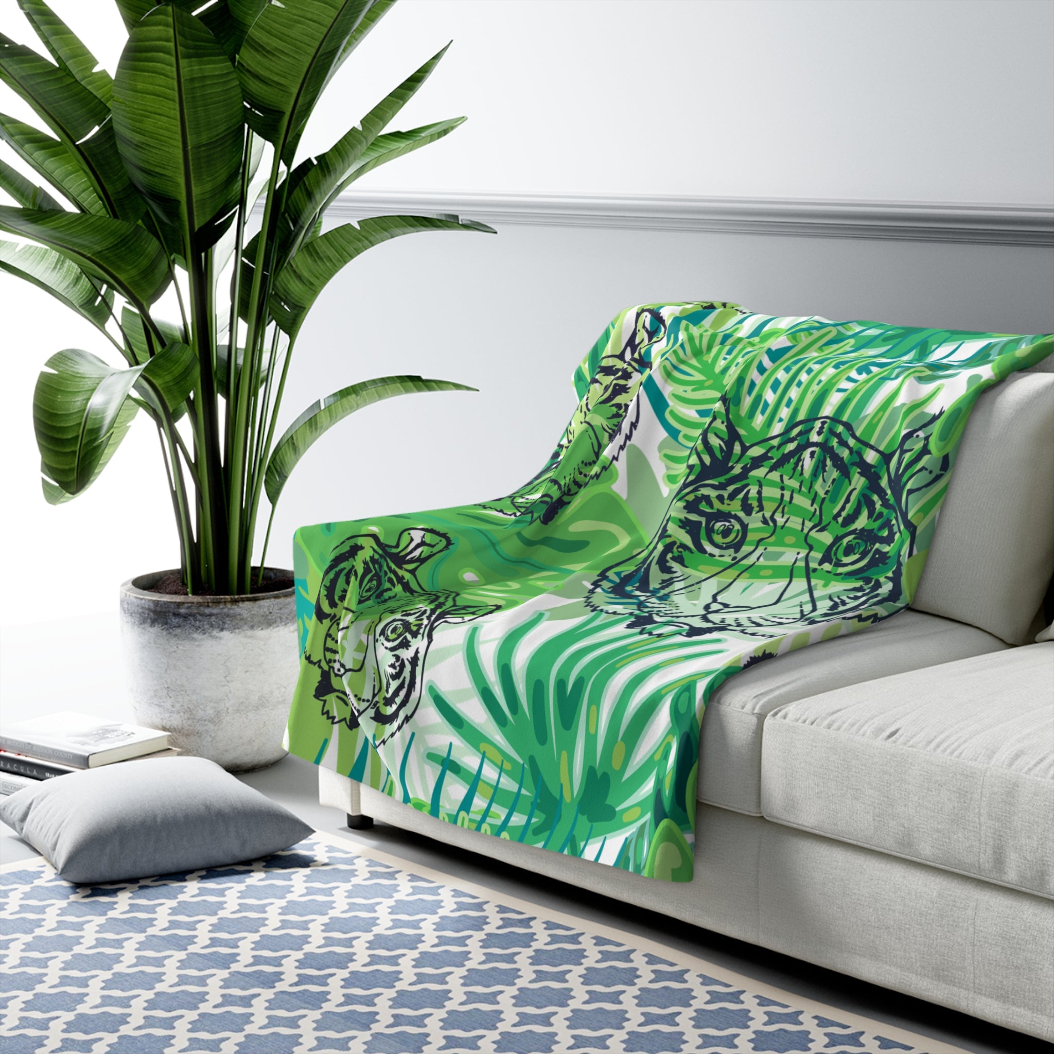 Tropical Jungle Tigers Green Sherpa Fleece Blanket, Artsulli - Art is Long, Life is Short, Home Decor, , , , , , , 