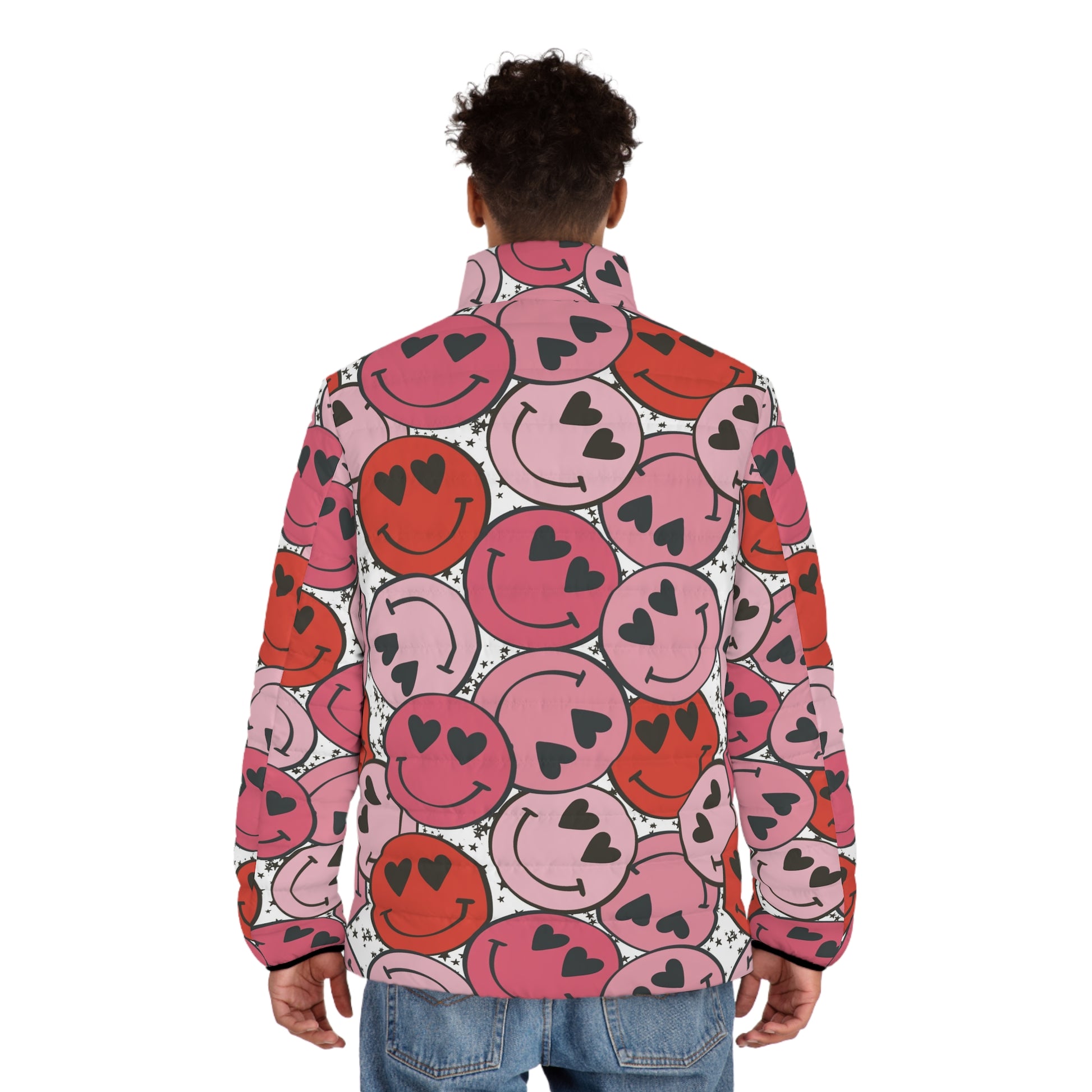 Smiley Face x Heart Eyes Pink and Red Men's Puffer Jacket (AOP), Artsulli - Art is Long, Life is Short, All Over Prints, , , , , , , 