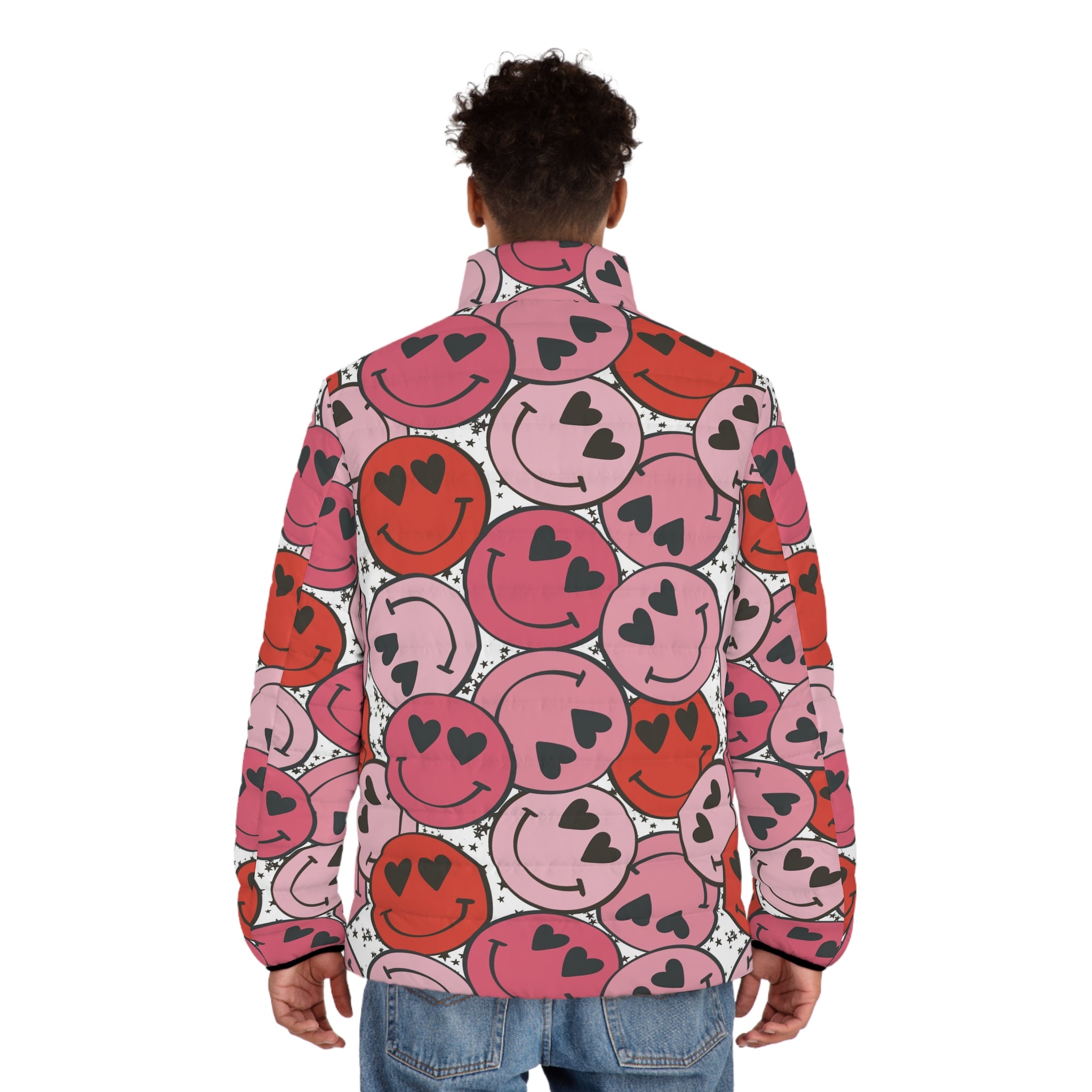 Smiley Face x Heart Eyes Pink and Red Men's Puffer Jacket (AOP), Artsulli - Art is Long, Life is Short, All Over Prints, , , , , , , 