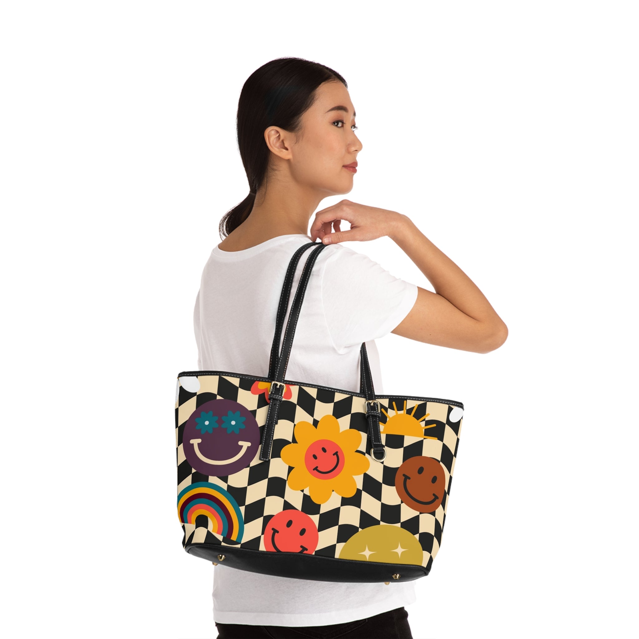 Trippy x Wavy Checkerboard x Smiley Face x Rainbow x Flowers Multi-Color PU Leather Shoulder Bag, Artsulli - Art is Long, Life is Short, Bags, , , , , , , 