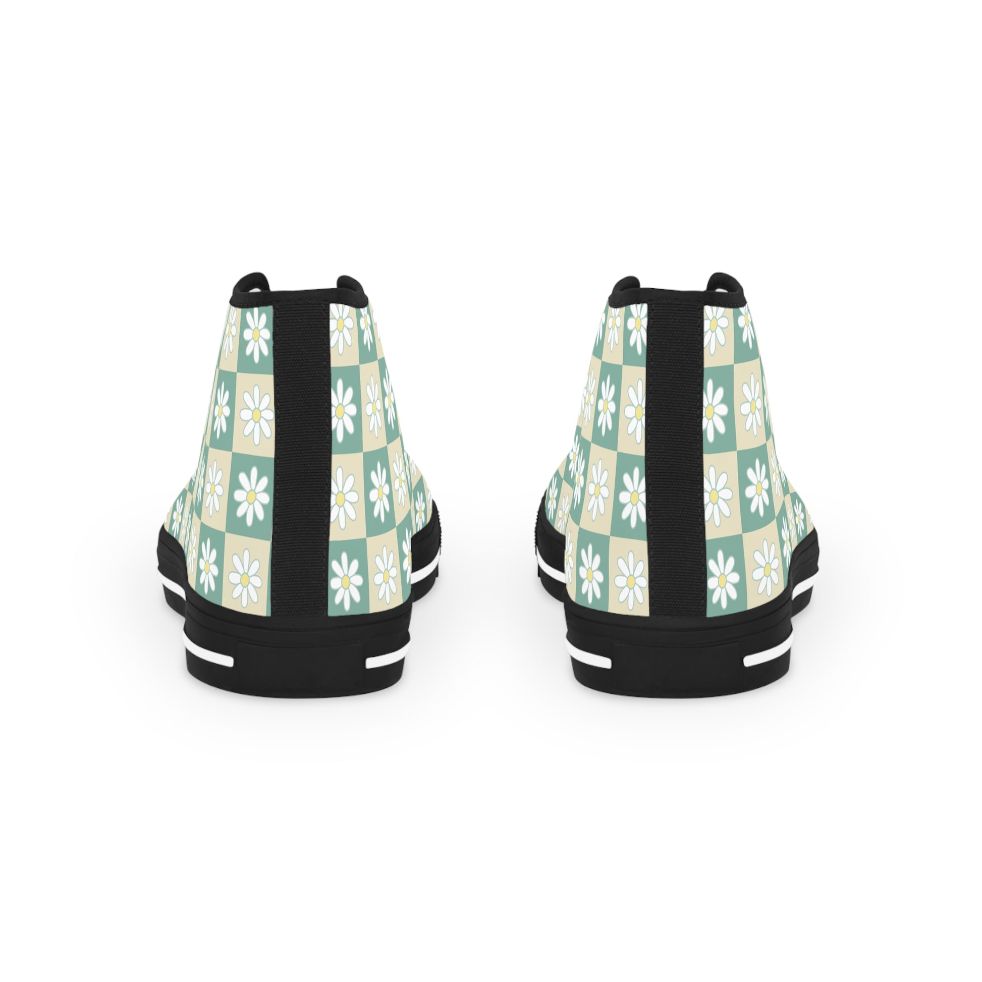 Retro Daisy Checkerboard Green and Tan Men's High Top Sneakers, Artsulli - Art is Long, Life is Short, Shoes, , , , , , , 