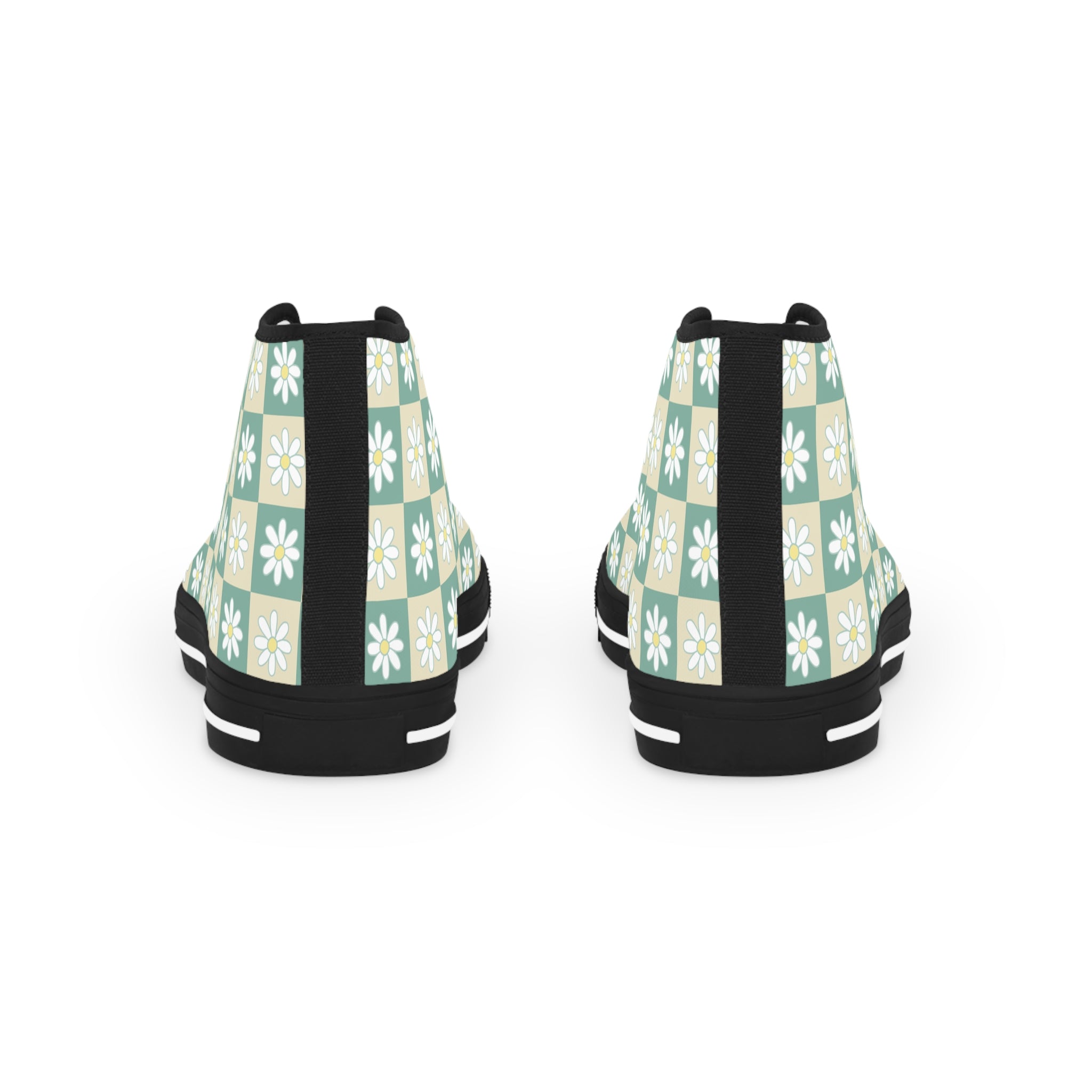 Retro Daisy Checkerboard Green and Tan Men's High Top Sneakers, Artsulli - Art is Long, Life is Short, Shoes, , , , , , , 