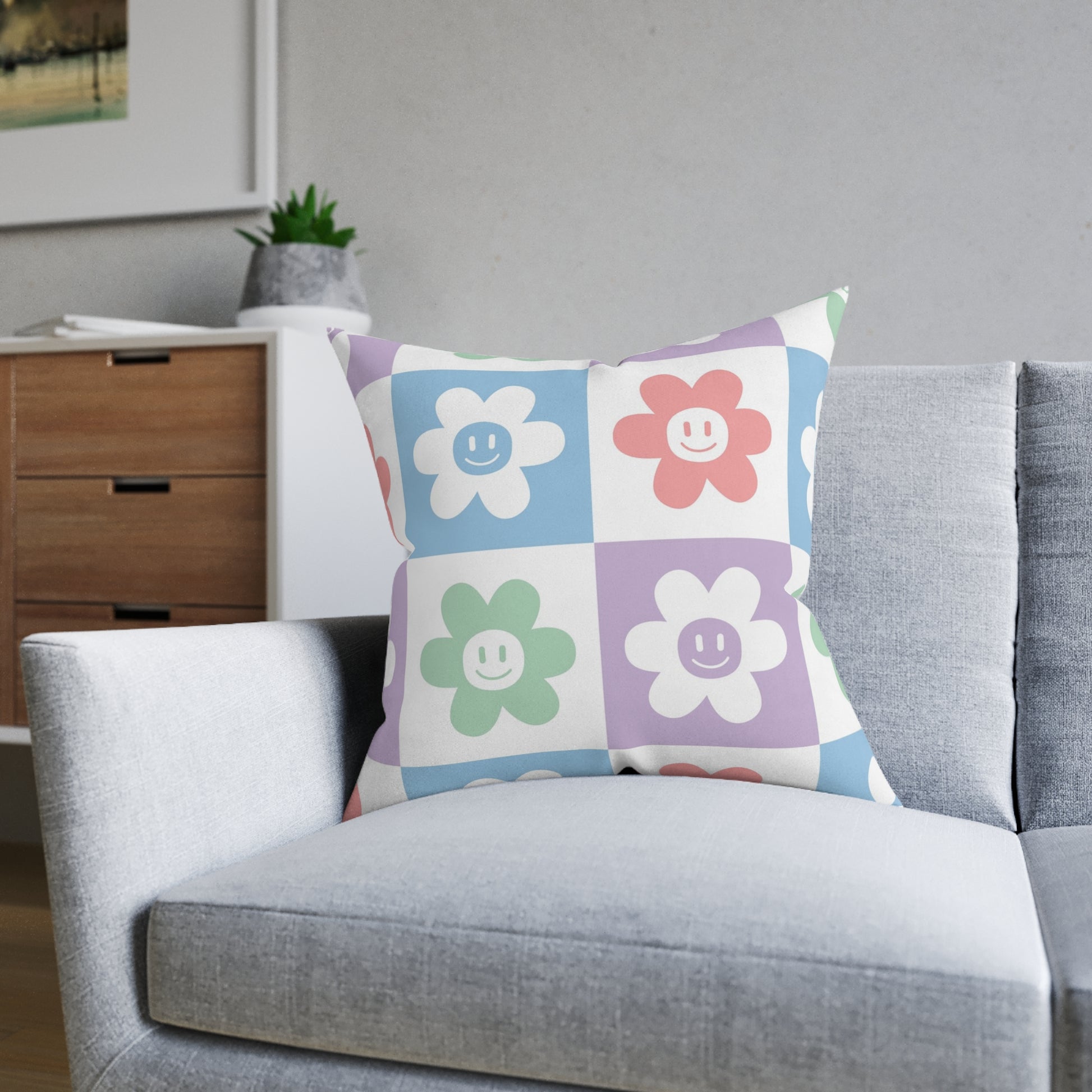 Chessboard x Smiley Face Flowers Multi-Color Square Pillow, Artsulli - Art is Long, Life is Short, Home Decor, , , , , , , 