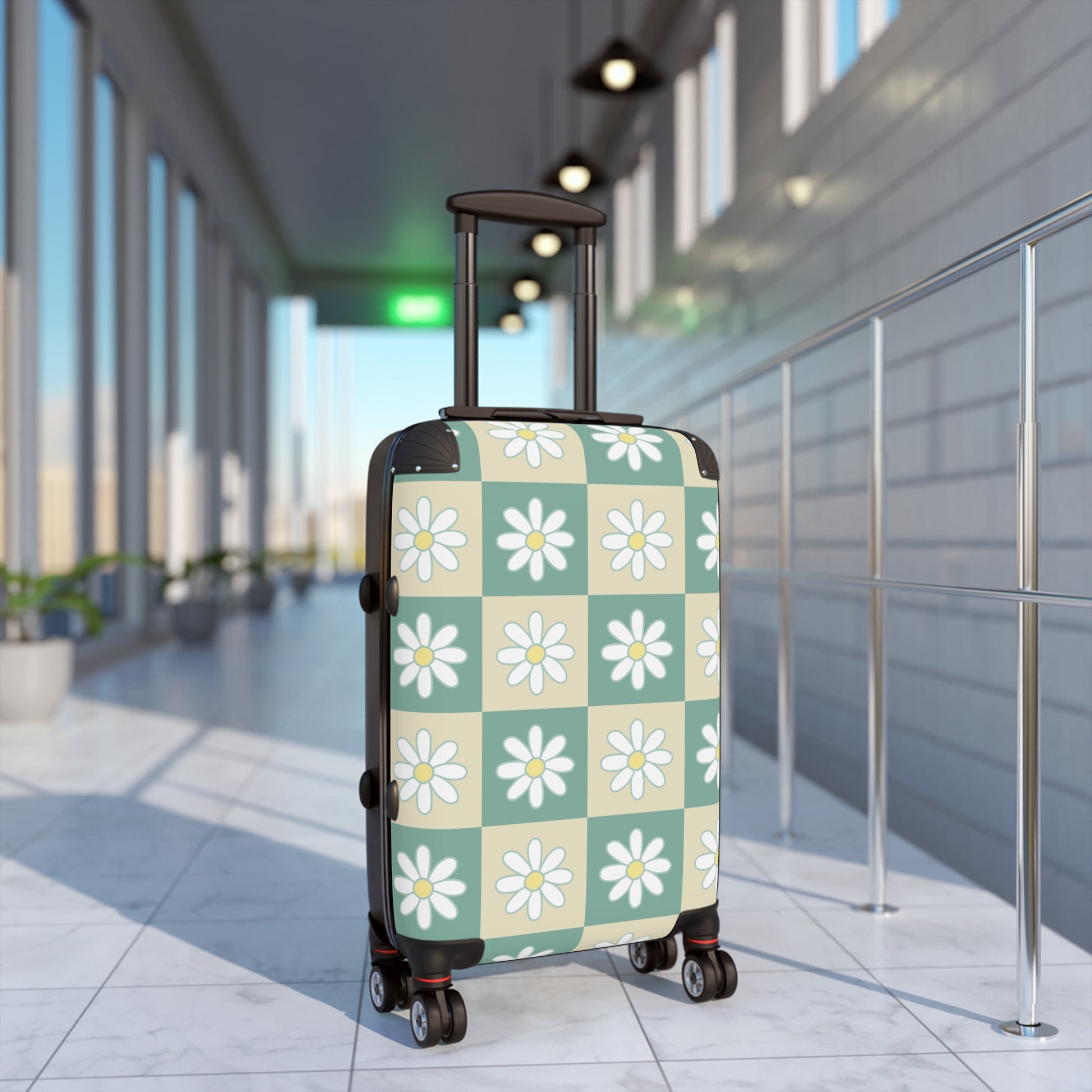 Retro Daisy Checkerboard Green and Tan Suitcase, Artsulli - Art is Long, Life is Short, Bags, , , , , , , 