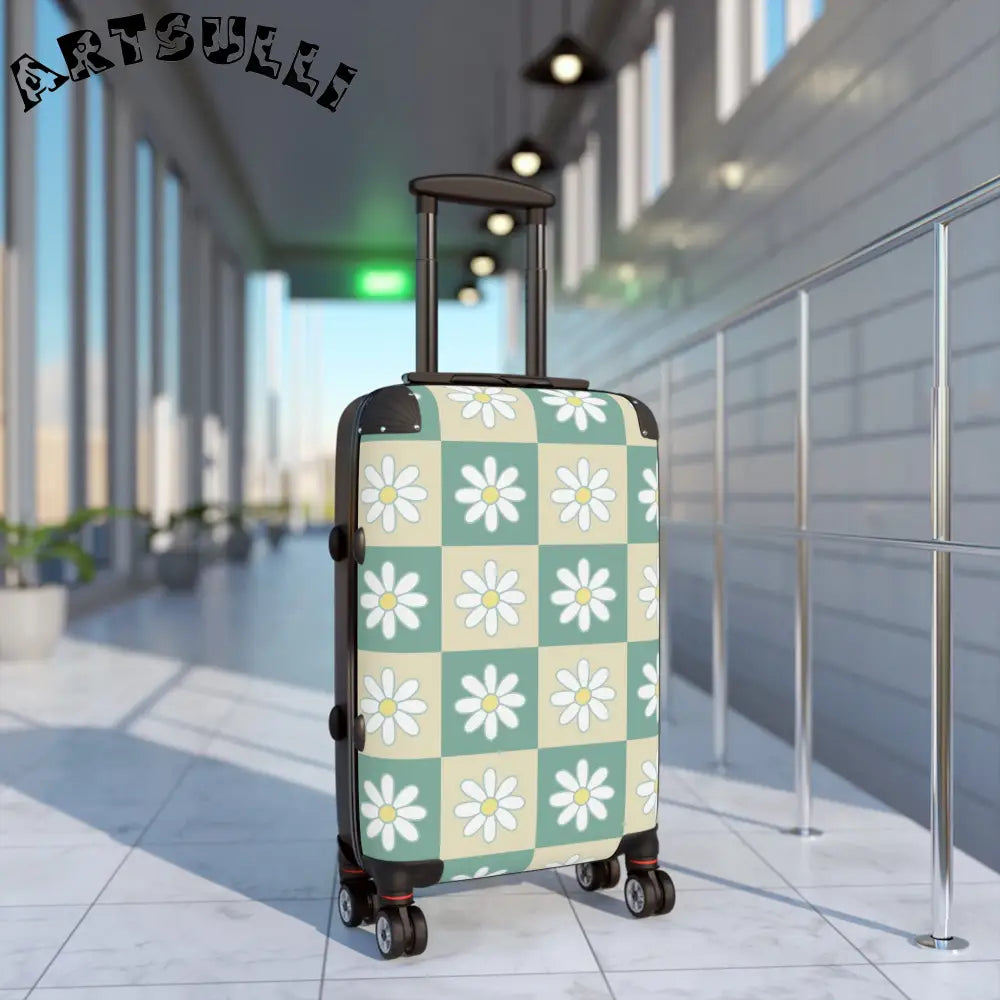 JAKKOUTTHEBXX Retro Daisy Checkerboard Green and Tan Suitcase