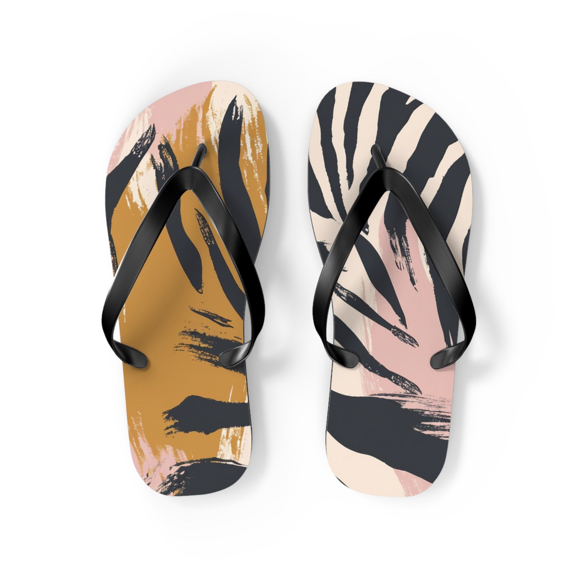 Zebra Brush Strokes Flip Flops, Artsulli - Art is Long, Life is Short, Shoes, Size, M, Color, Black sole, , , 17530607246337