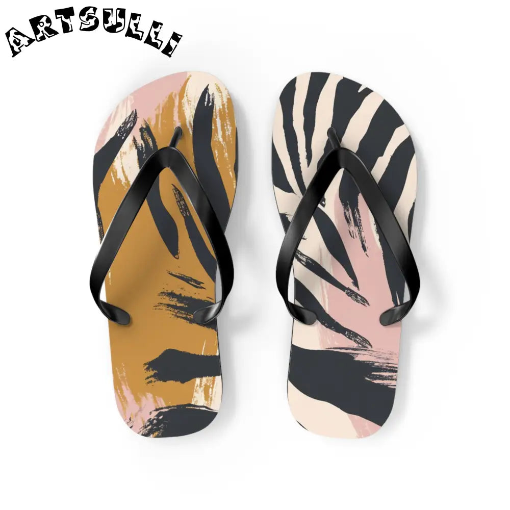 JAKKOUTTHEBXX Abstract zebra print flip flops in two color palettes