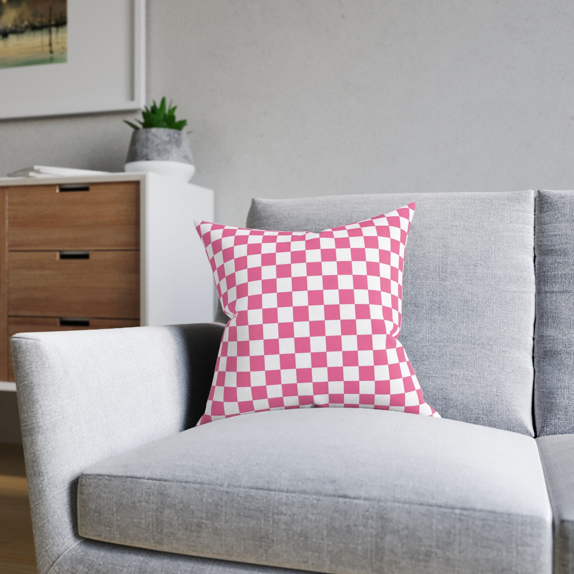 Yuyushiki Pink Check Square Pillow, Artsulli - Art is Long, Life is Short, Home Decor, , , , , , , 