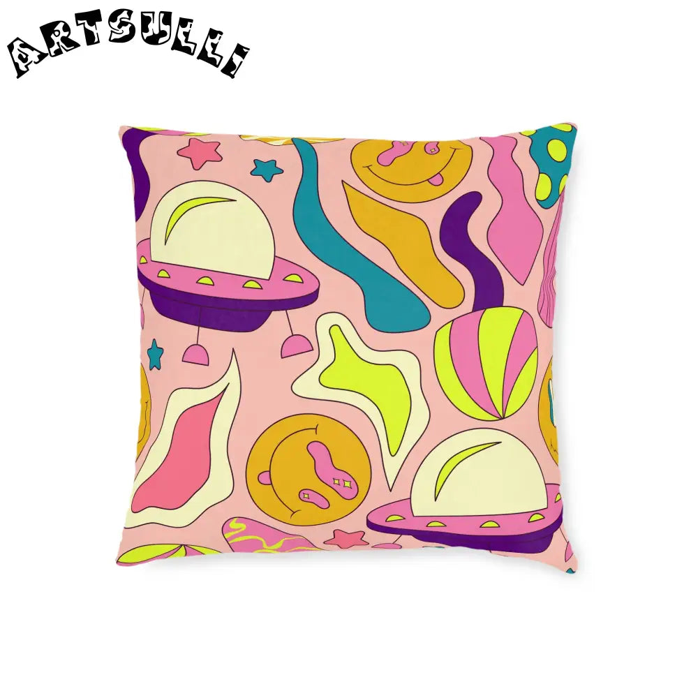 JAKKOUTTHEBXX Trippy Spaceships Pink Square Pillow JAKKOUTTHEBXX