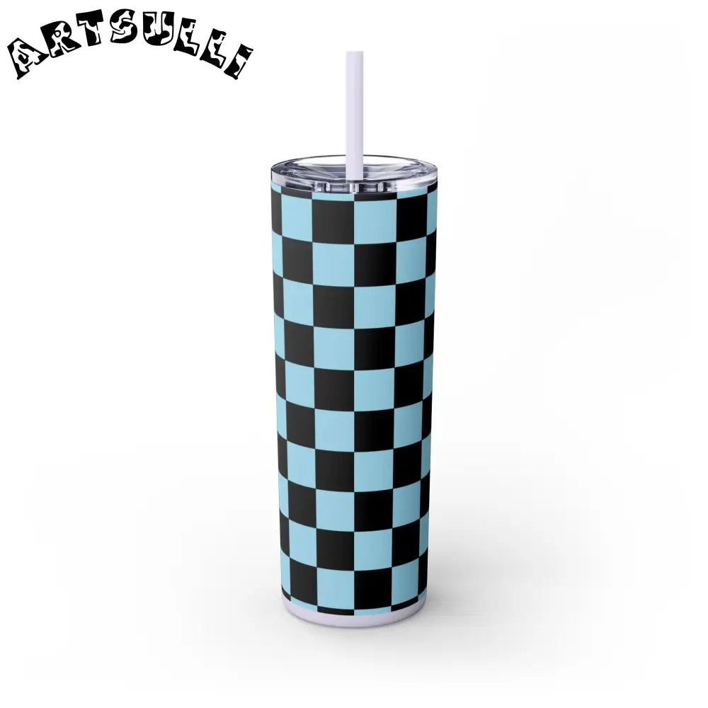 JAKKOUTTHEBXX Checkerboard Black and Blue Skinny Tumbler with Straw