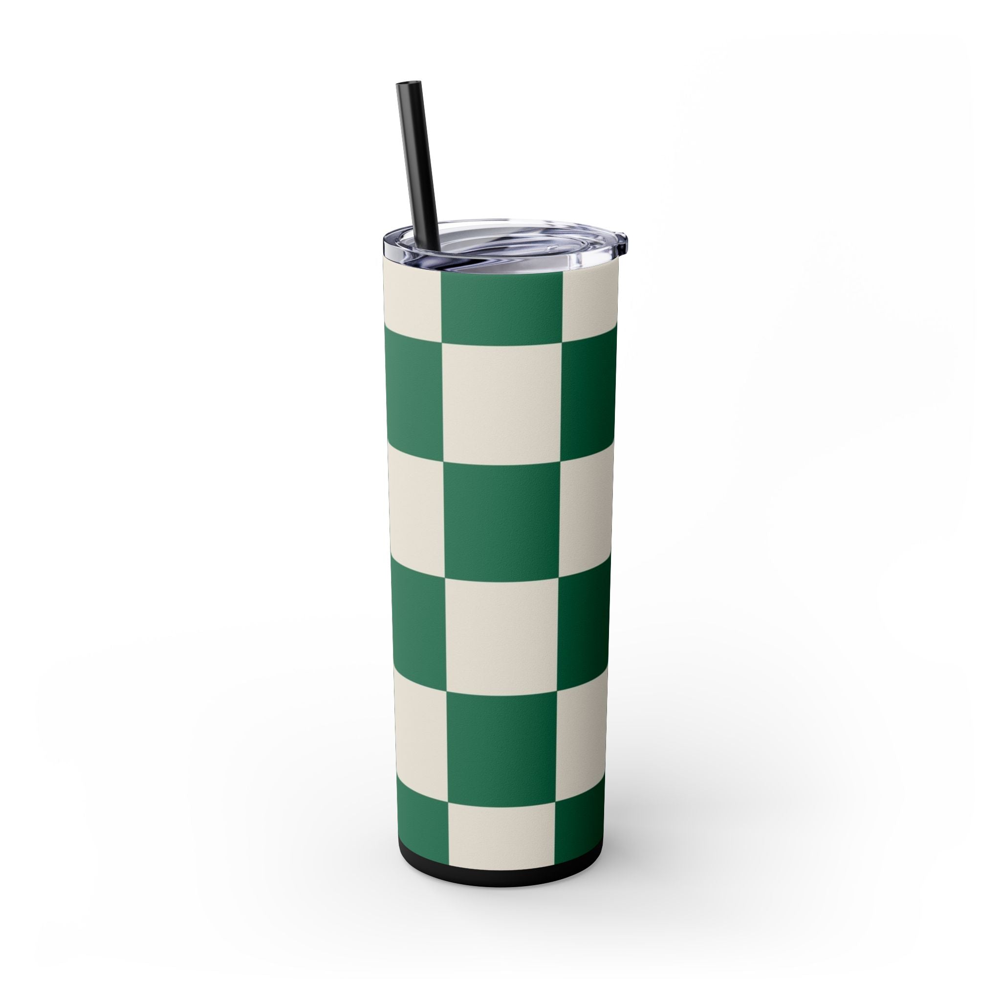 Checkerboard Dark Green Skinny Tumbler with Straw, 20oz, Artsulli - Art is Long, Life is Short, Mug, , , , , , , 