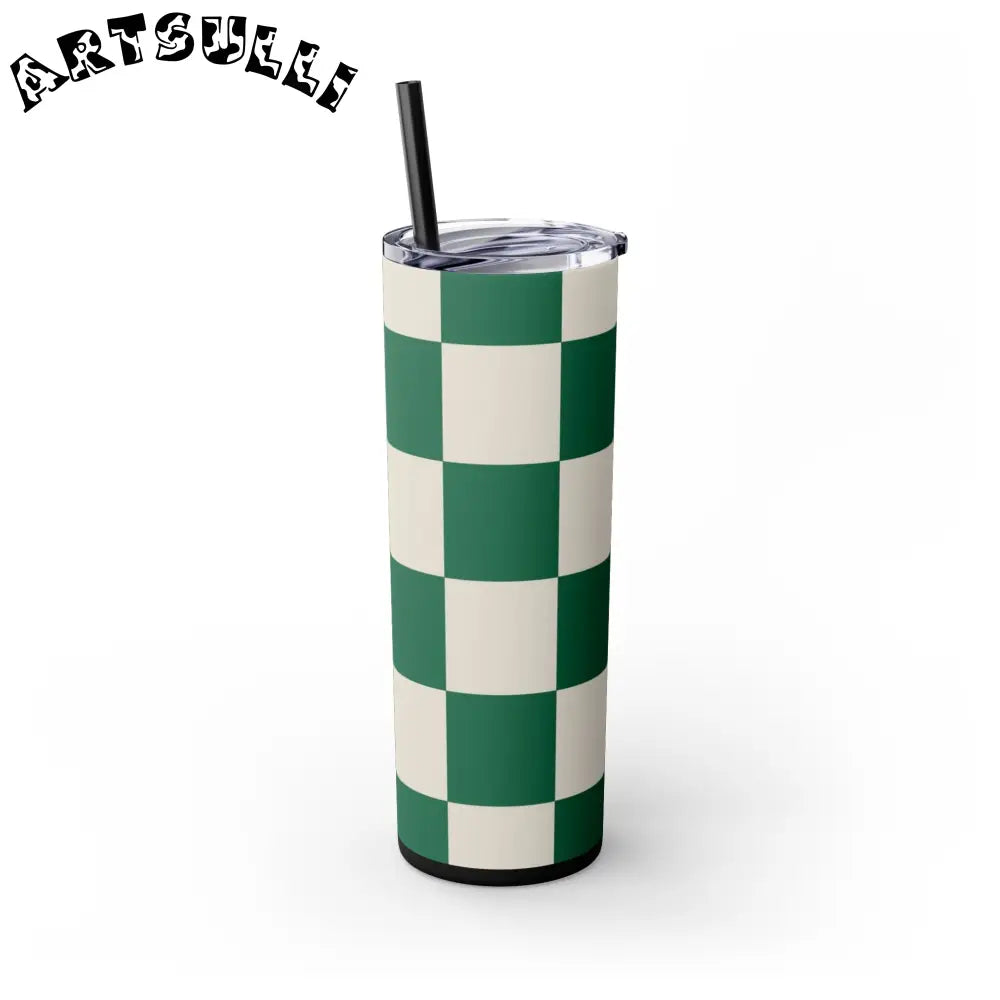 JAKKOUTTHEBXX Checkerboard Dark Green Skinny Tumbler with Straw 20oz