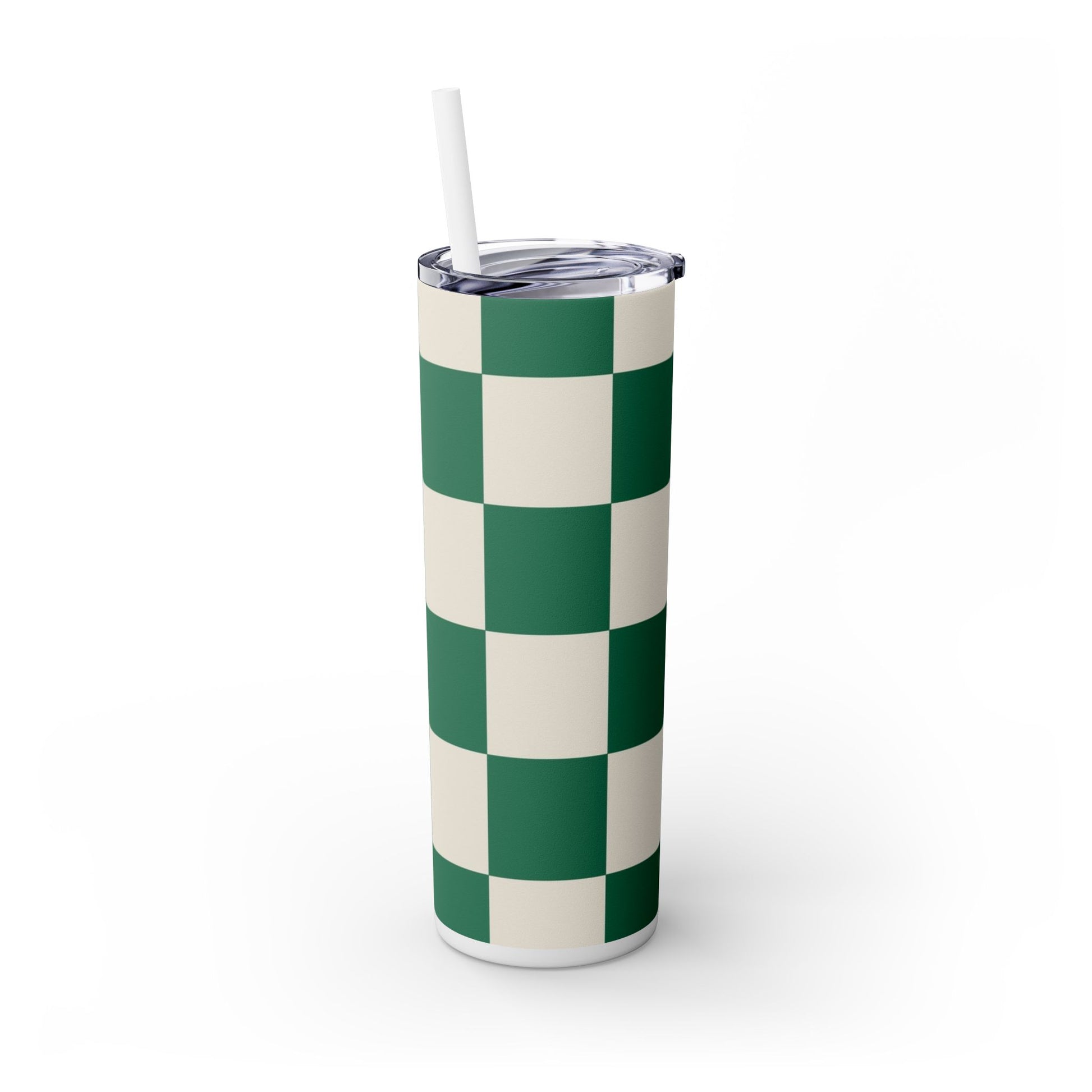 Checkerboard Dark Green Skinny Tumbler with Straw, 20oz, Artsulli - Art is Long, Life is Short, Mug, , , , , , , 