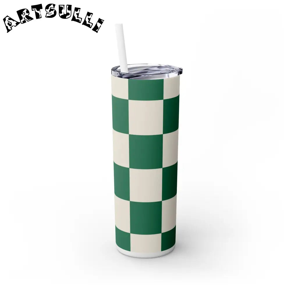 JAKKOUTTHEBXX Checkerboard Dark Green Skinny Tumbler with Straw 20oz