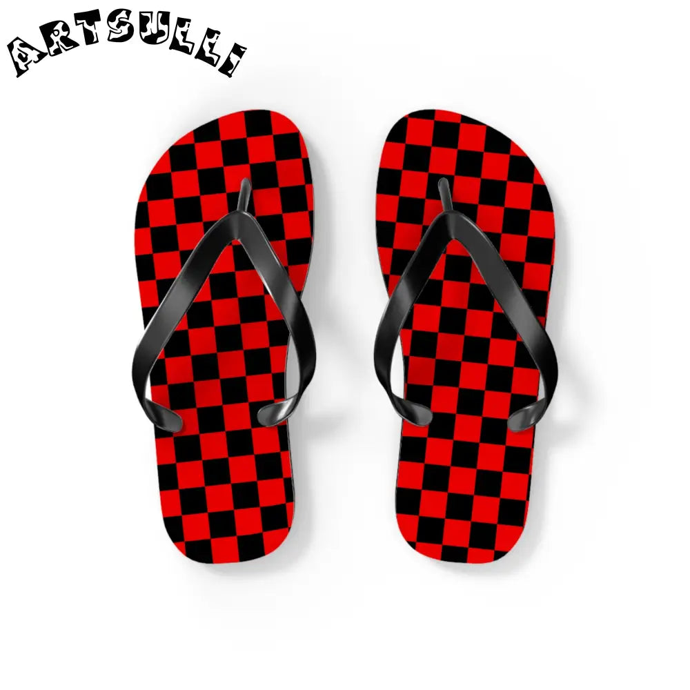 JAKKOUTTHEBXX Checkerboard Red and Black Flip Flops JAKKOUTTHEBXX