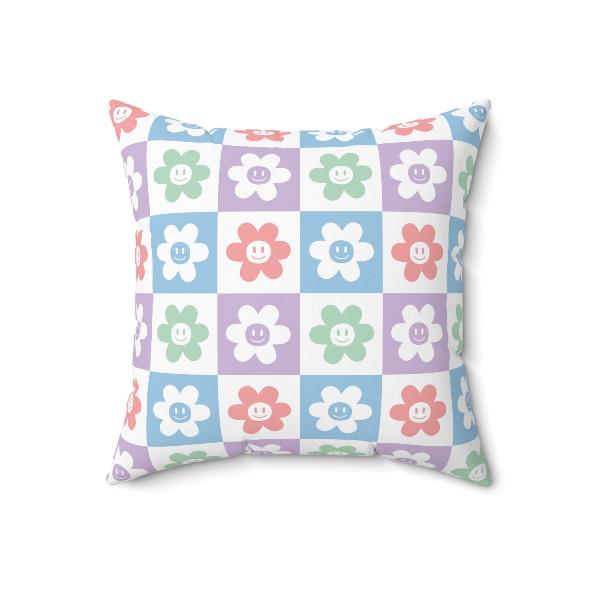 Chessboard x Smiley Face Flowers Multi-Color Spun Polyester Square Pillow, Artsulli - Art is Long, Life is Short, Home Decor, Size, 18" × 18", , , , , 18730948817222874513