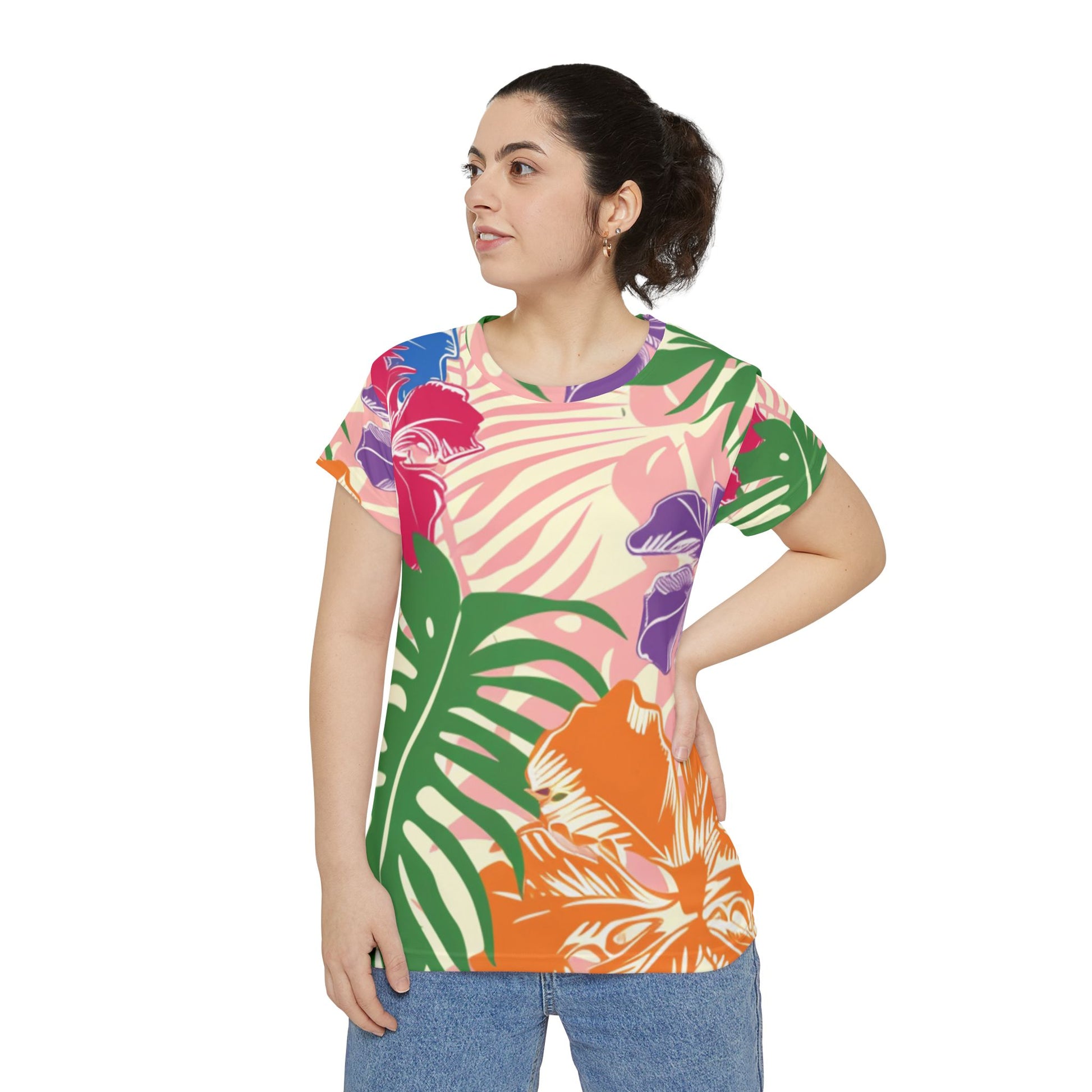 Blooming Tropical Flowers Women's Short Sleeve Shirt (AOP), Artsulli - Art is Long, Life is Short, All Over Prints, , , , , , , 