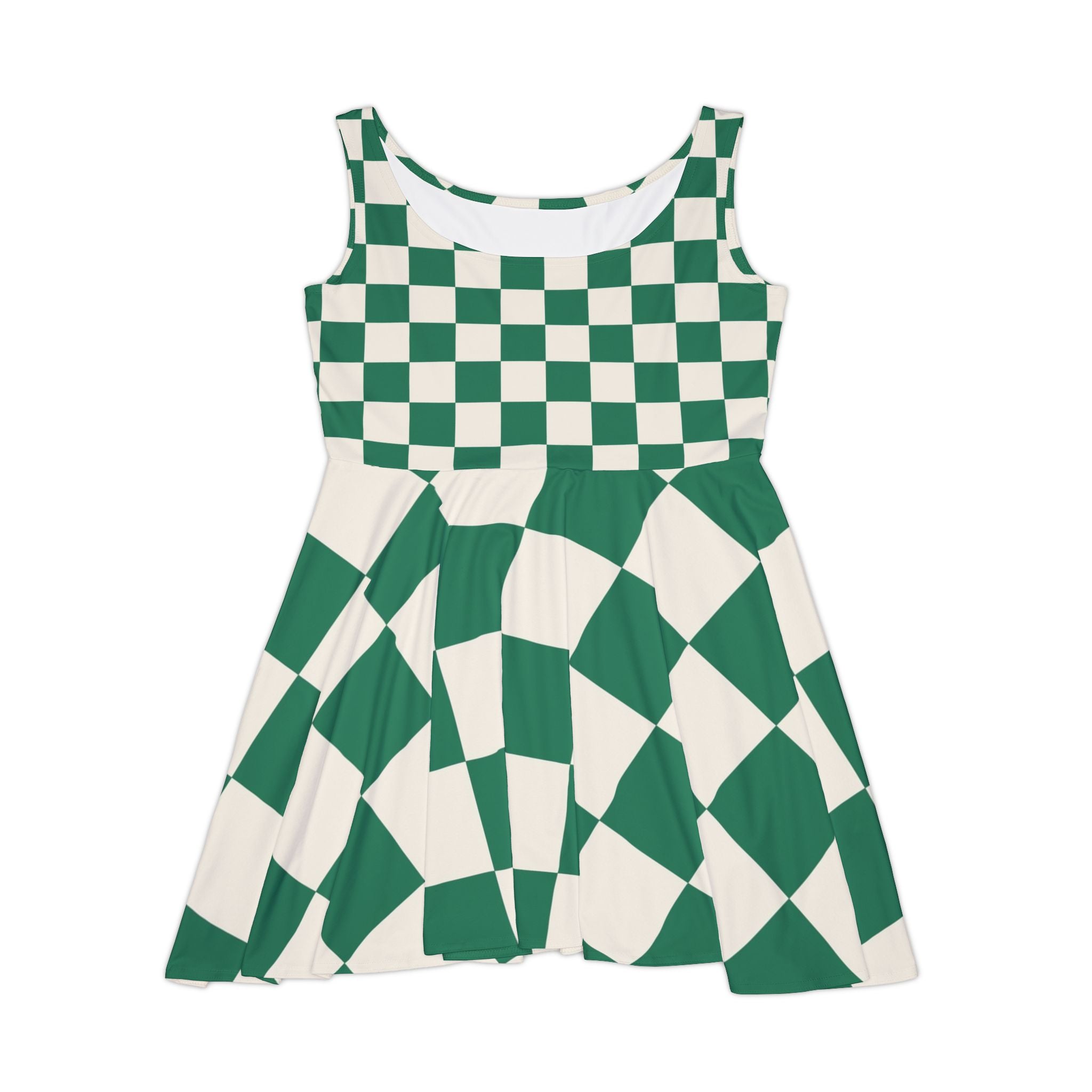 Checkerboard Dark Green Women's Skater Dress (AOP), Artsulli - Art is Long, Life is Short, All Over Prints, Size, XS, , , , , 58651449700205749894