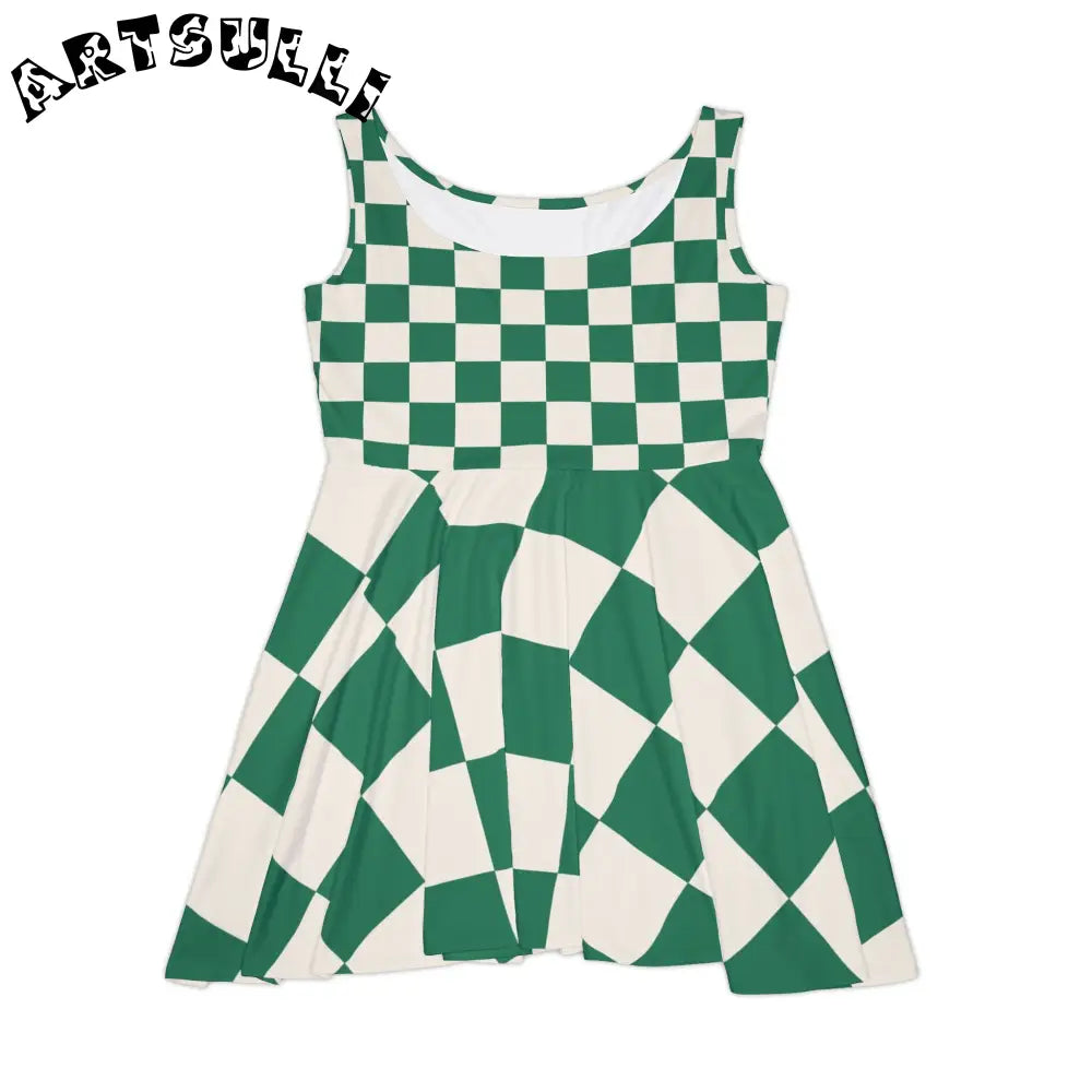 JAKKOUTTHEBXX Checkerboard Dark Green Women’s Skater Dress (AOP)