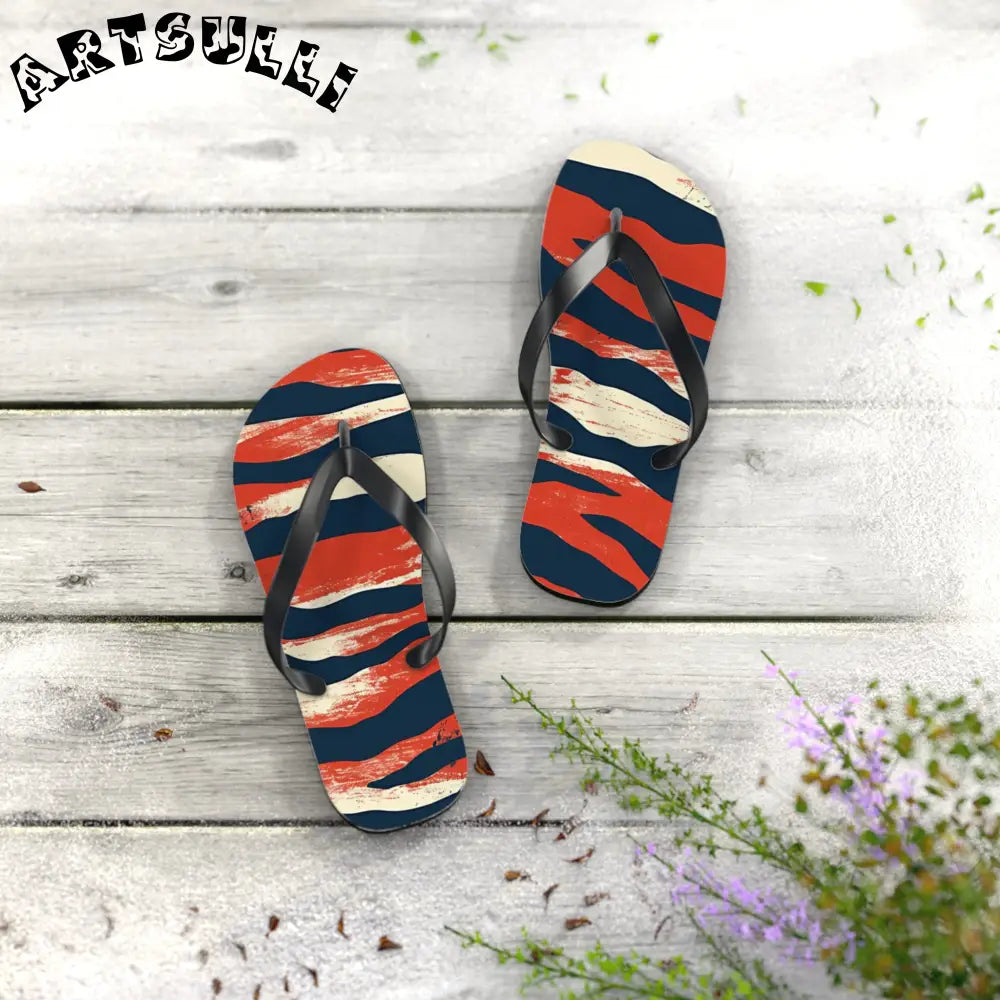 JAKKOUTTHEBXX Red White Blue Abstract Striped Flip Flops