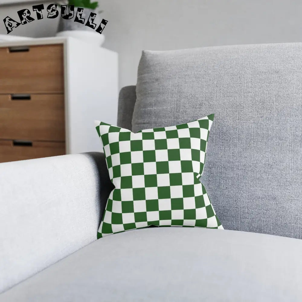 JAKKOUTTHEBXX Checkerboard White and Dark Green Square Pillow