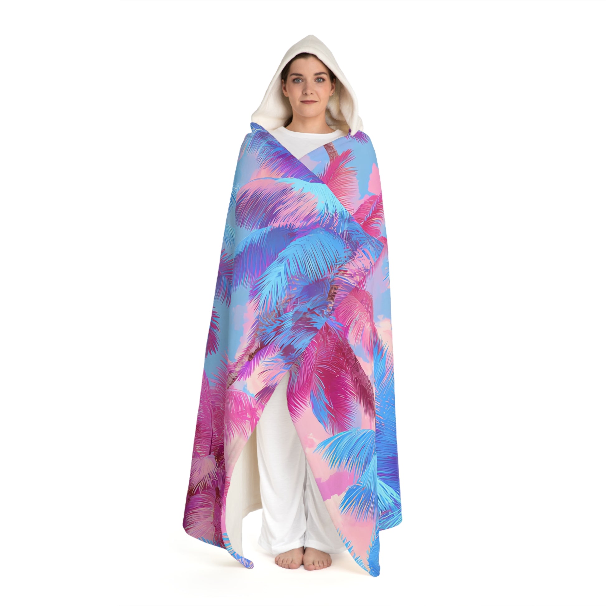 Ethereal Pastel Palms II Blue and Pink Hooded Sherpa Fleece Blanket, Artsulli - Art is Long, Life is Short, All Over Prints, , , , , , , 