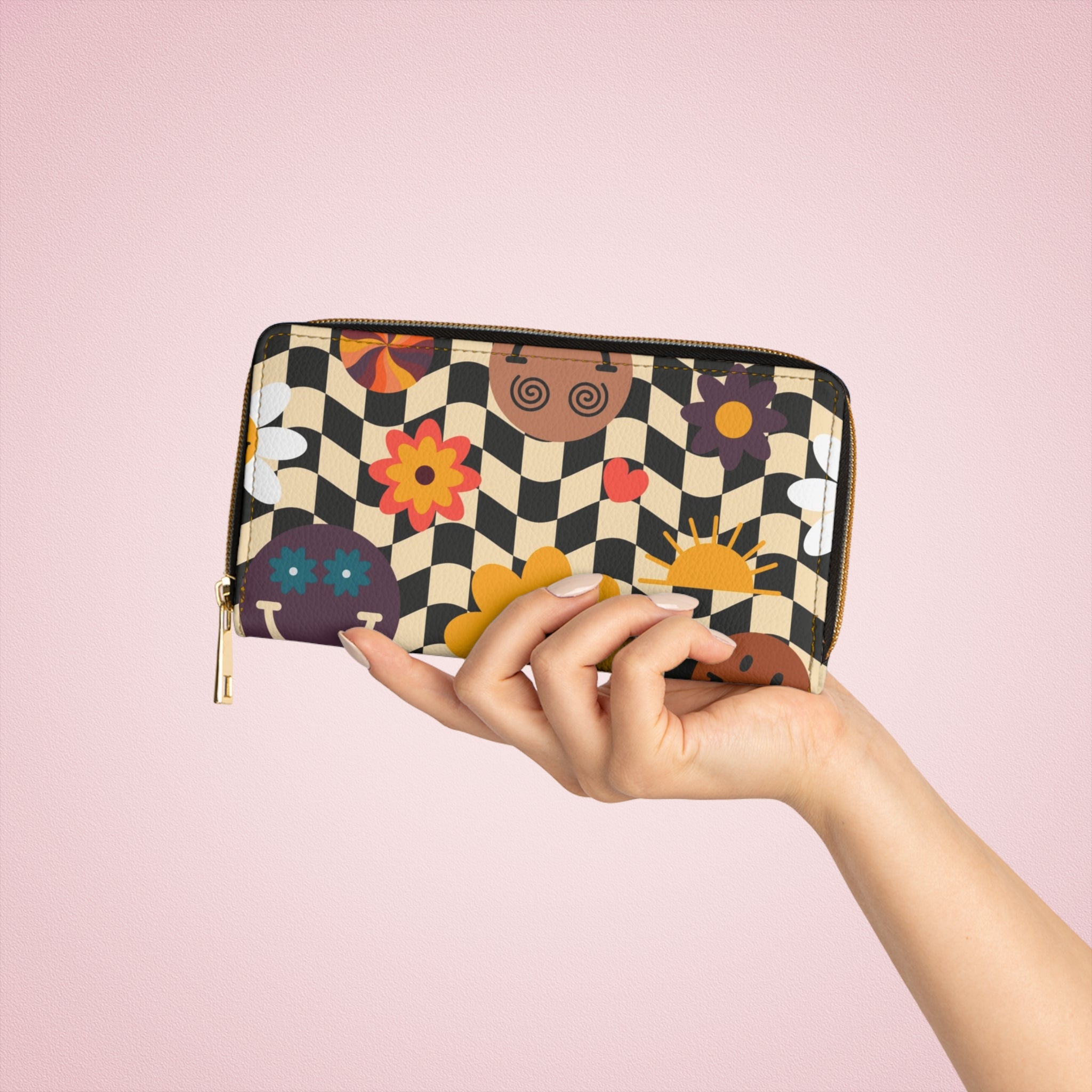 Trippy x Wavy Checkerboard x Smiley Face x Rainbow x Flowers Multi-Color Zipper Wallet, Artsulli - Art is Long, Life is Short, Accessories, , , , , , , 