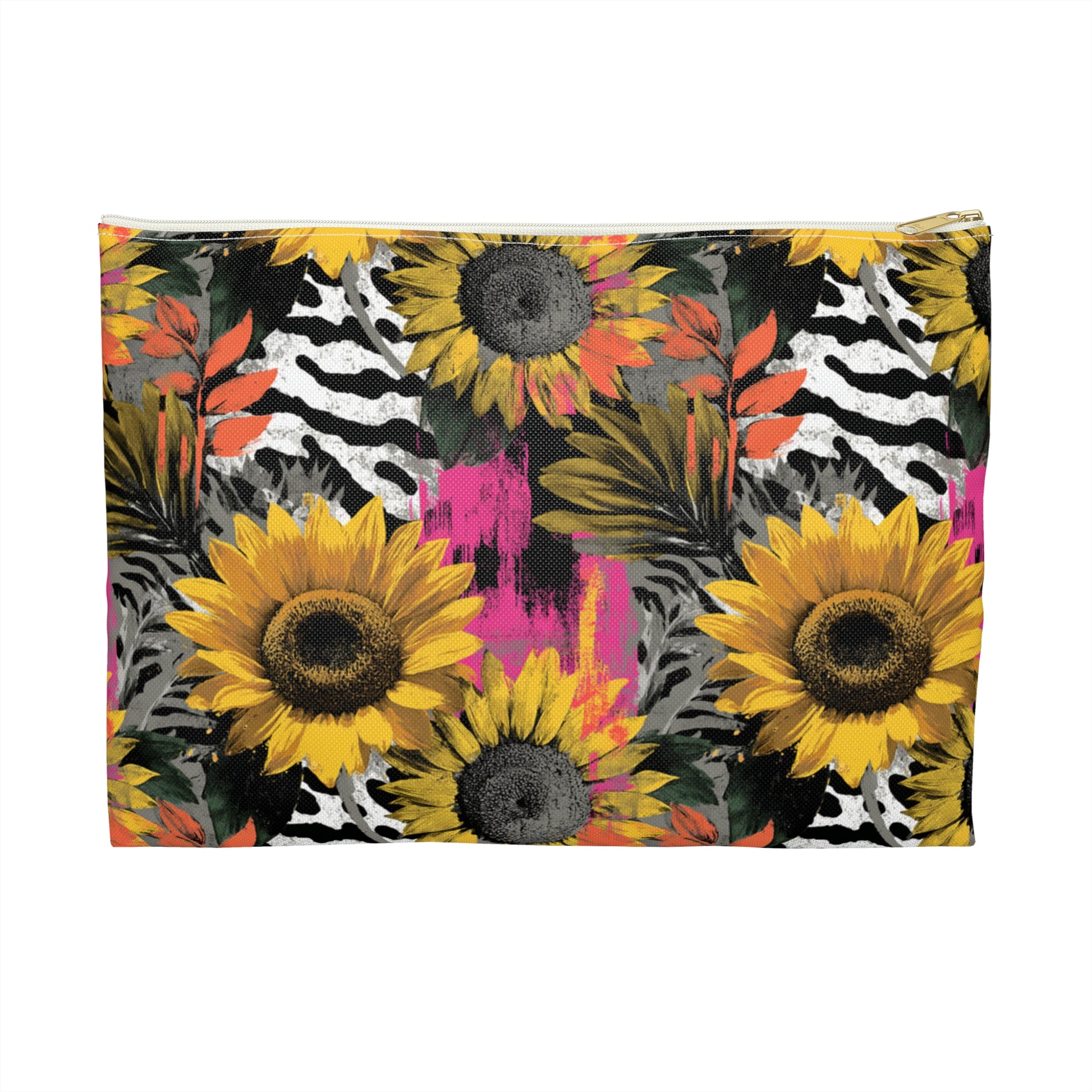 Zebra Stripes x Sunflowers Multi-Color Accessory Pouch, Artsulli - Art is Long, Life is Short, Bags, Size, Large, Color, White zipper, , , 74456868403093803895