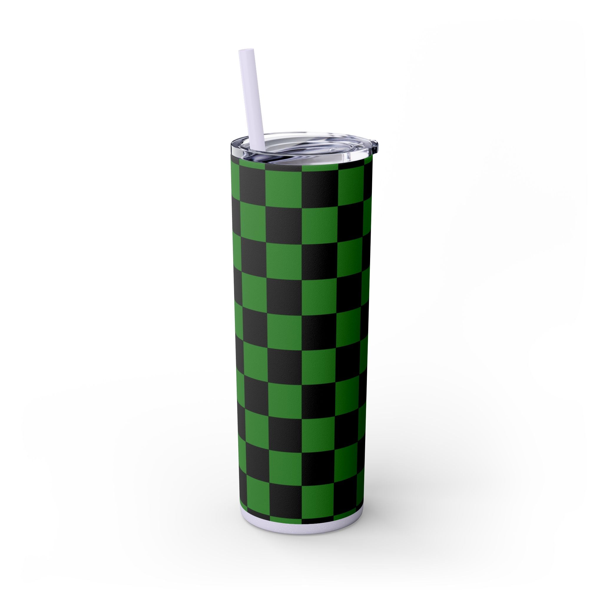 Checkerboard Green and Black Skinny Tumbler with Straw, 20oz, Artsulli - Art is Long, Life is Short, Mug, , , , , , , 