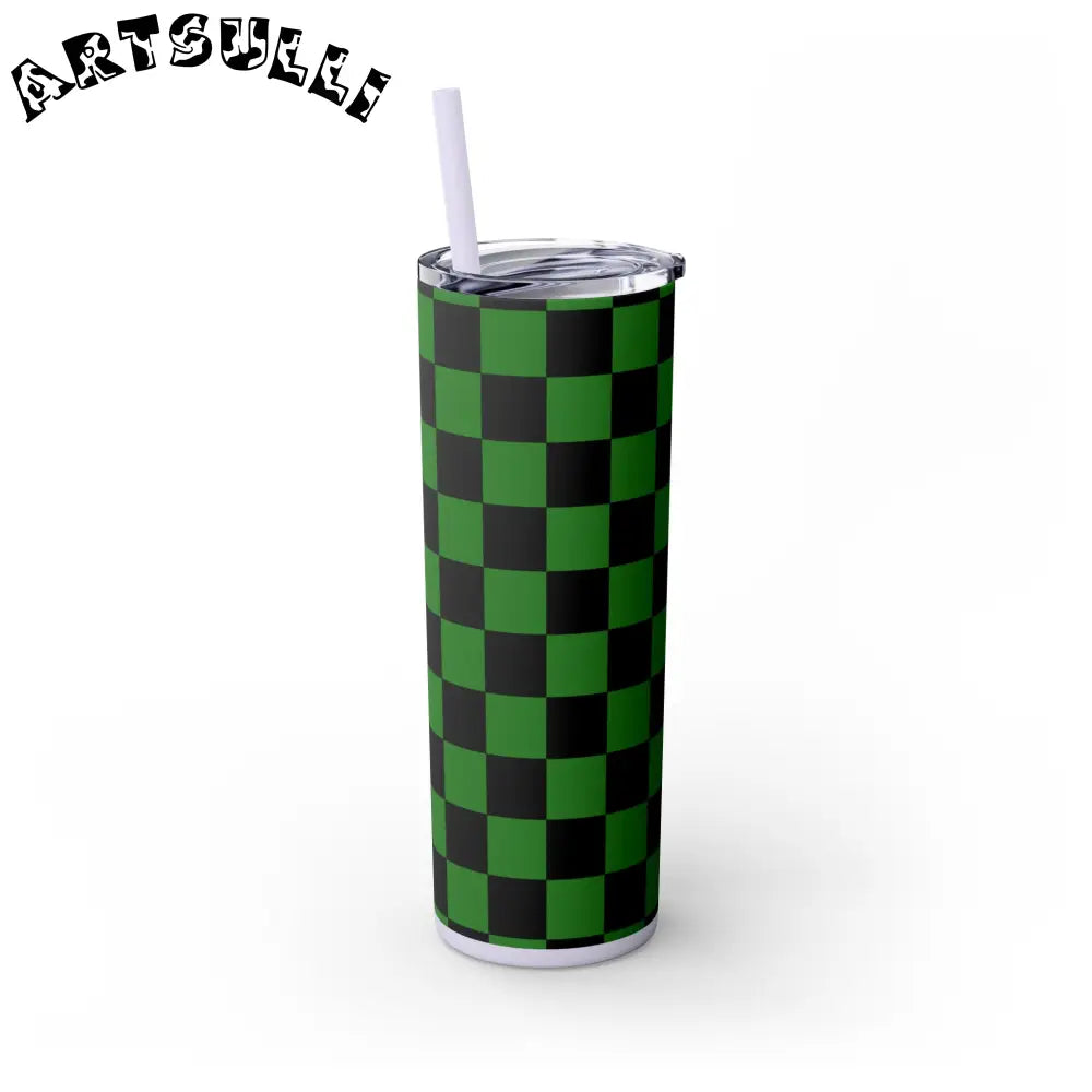 JAKKOUTTHEBXX Checkerboard Green and Black Skinny Tumbler with Straw
