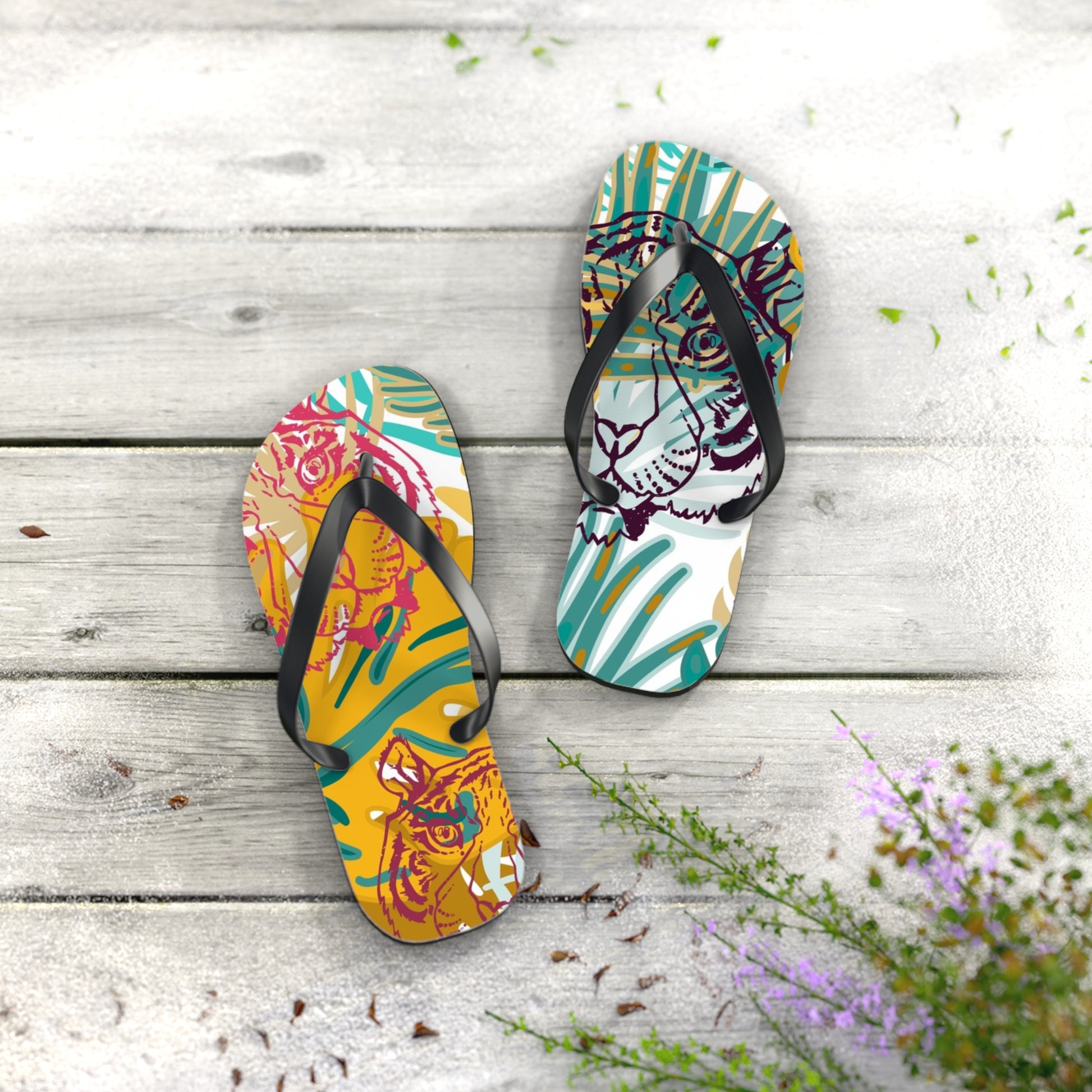 Tropical Jungle Tigers Brown and Green Flip Flops, Artsulli - Art is Long, Life is Short, Shoes, , , , , , , 