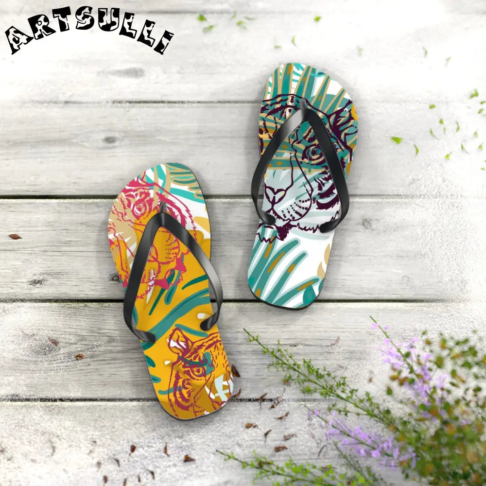 JAKKOUTTHEBXX Tropical Jungle Tigers Brown and Green Flip Flops
