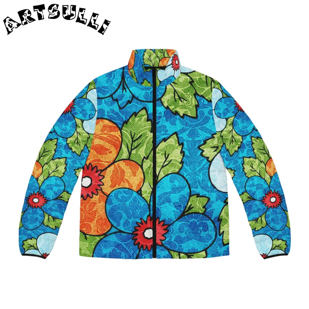 Blue Orange Groovy Men's Puffer Jacket (AOP), Artsulli - Art is Long, Life is Short, All Over Prints, Size, S, Color, Black zipper, , , 25614455771658397273