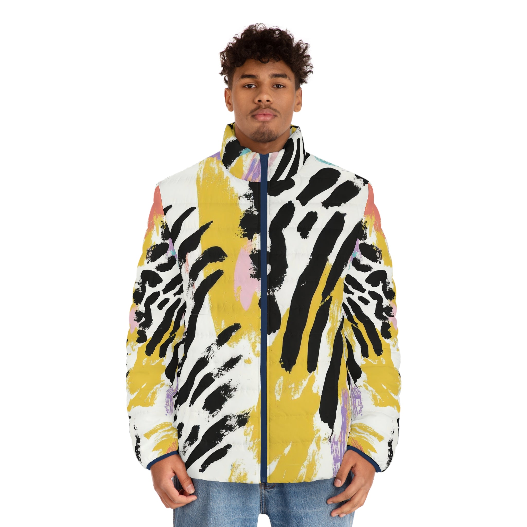 Wild Zebra Stripes x Paint Brush Strokes Multi-Color Men's Puffer Jacket (AOP), Artsulli - Art is Long, Life is Short, All Over Prints, , , , , , , 